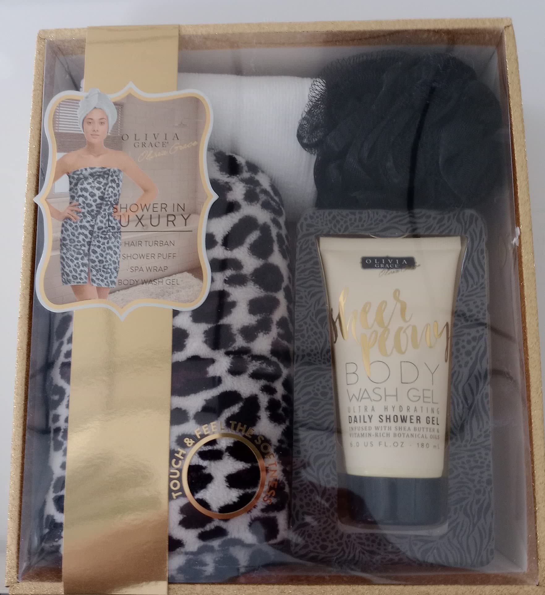 Olivia Grace Sheer Peony Shower in Luxury, Hair Turban, Shower Puff, Spa Wrap & Body Wash Gel