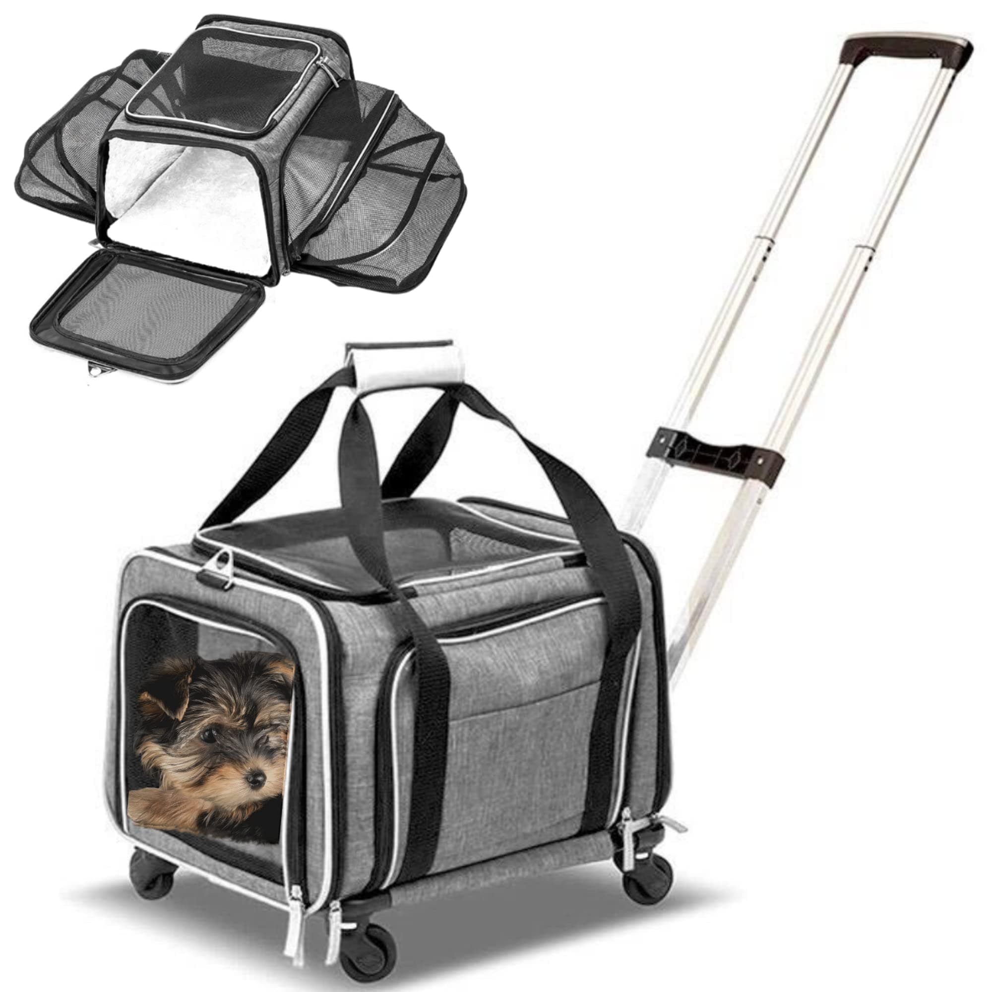 Airline Approved Expandable Premium Pet Carrier on Wheels- Two Sided Expandable Rolling Carrier- Designed for Dogs & Cats- Extra Spacious Soft Lined Carrier!