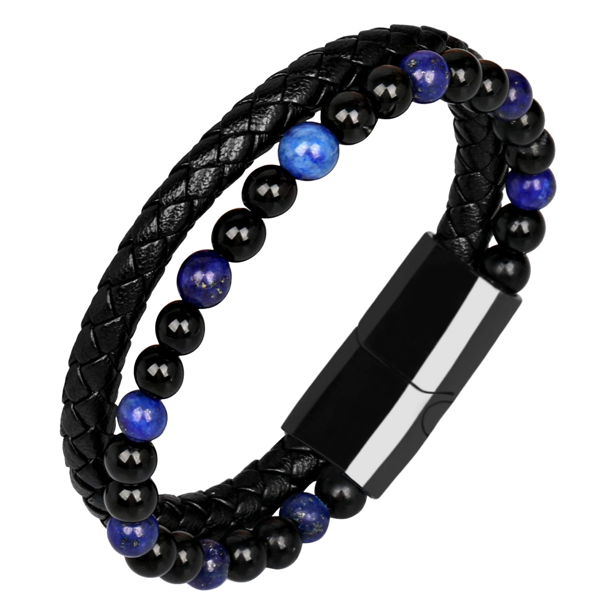 RLSFV Mens Bracelet Black Leather and Steel Bracelets with Stainless Steel Magnetic Clasp Handmade Braided Cuff Leather Bracelets for Men