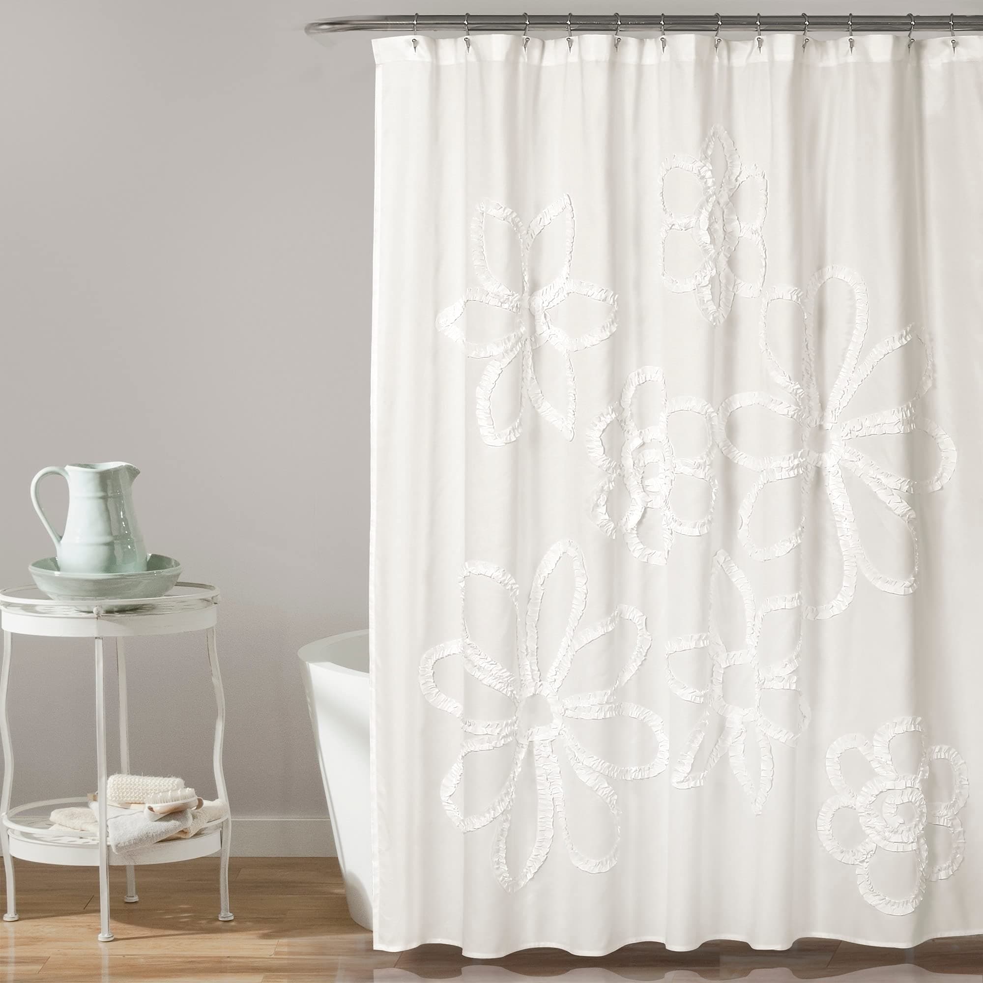Lush Decor Ruffle Flower Shower Curtain | Floral Textured Shabby Chic Farmhouse Style Design, x 72”, White, 72" x 72" 72" x 72" 16T002402