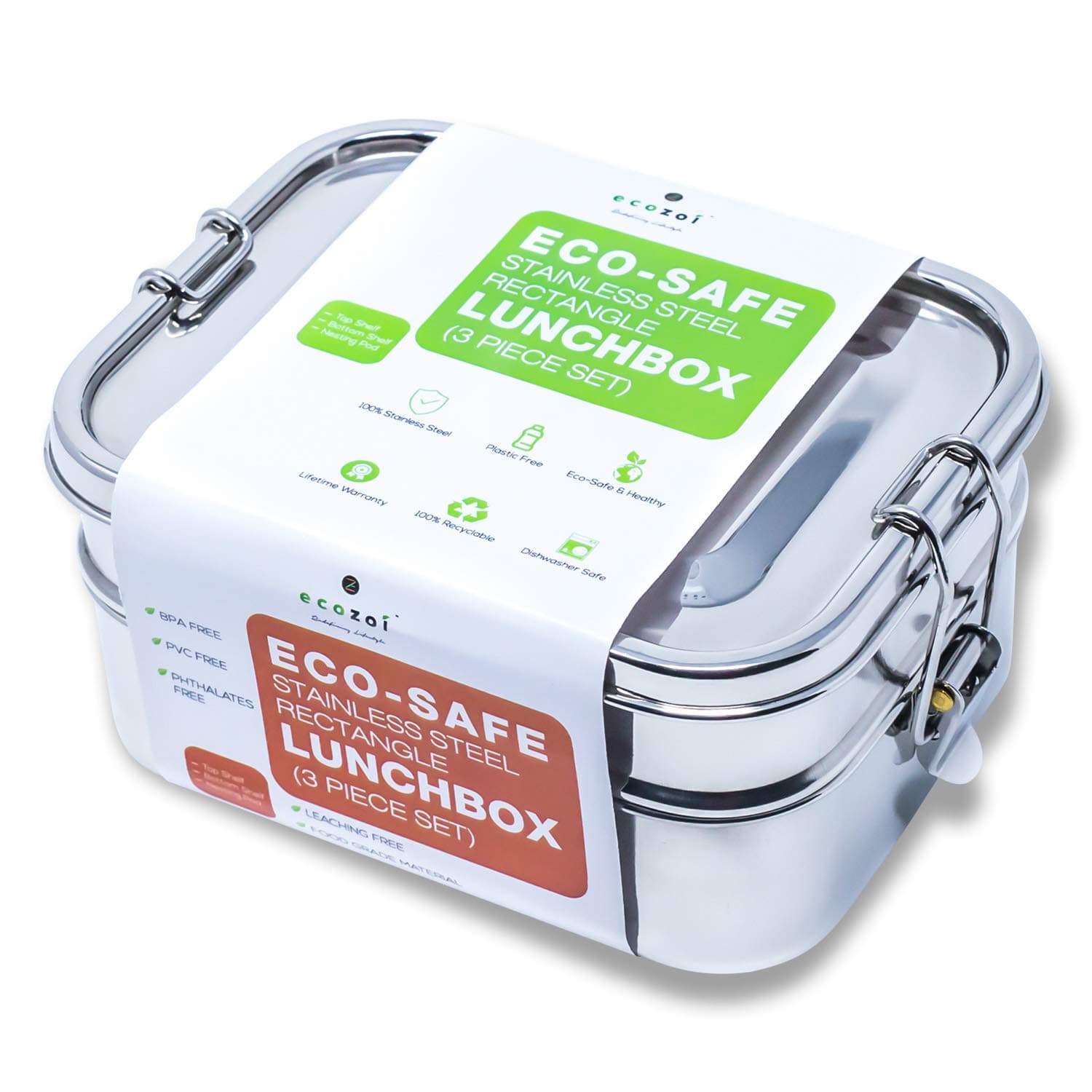 ecozoiLeak Proof Stainless Steel Lunch Box, 2-Tier Stackable Lunch Container with Mini Pod, Eco Friendly Bento Box for Kids and Adults, Meal Prep Food Container, Plastic Free BPA Free (60 oz)
