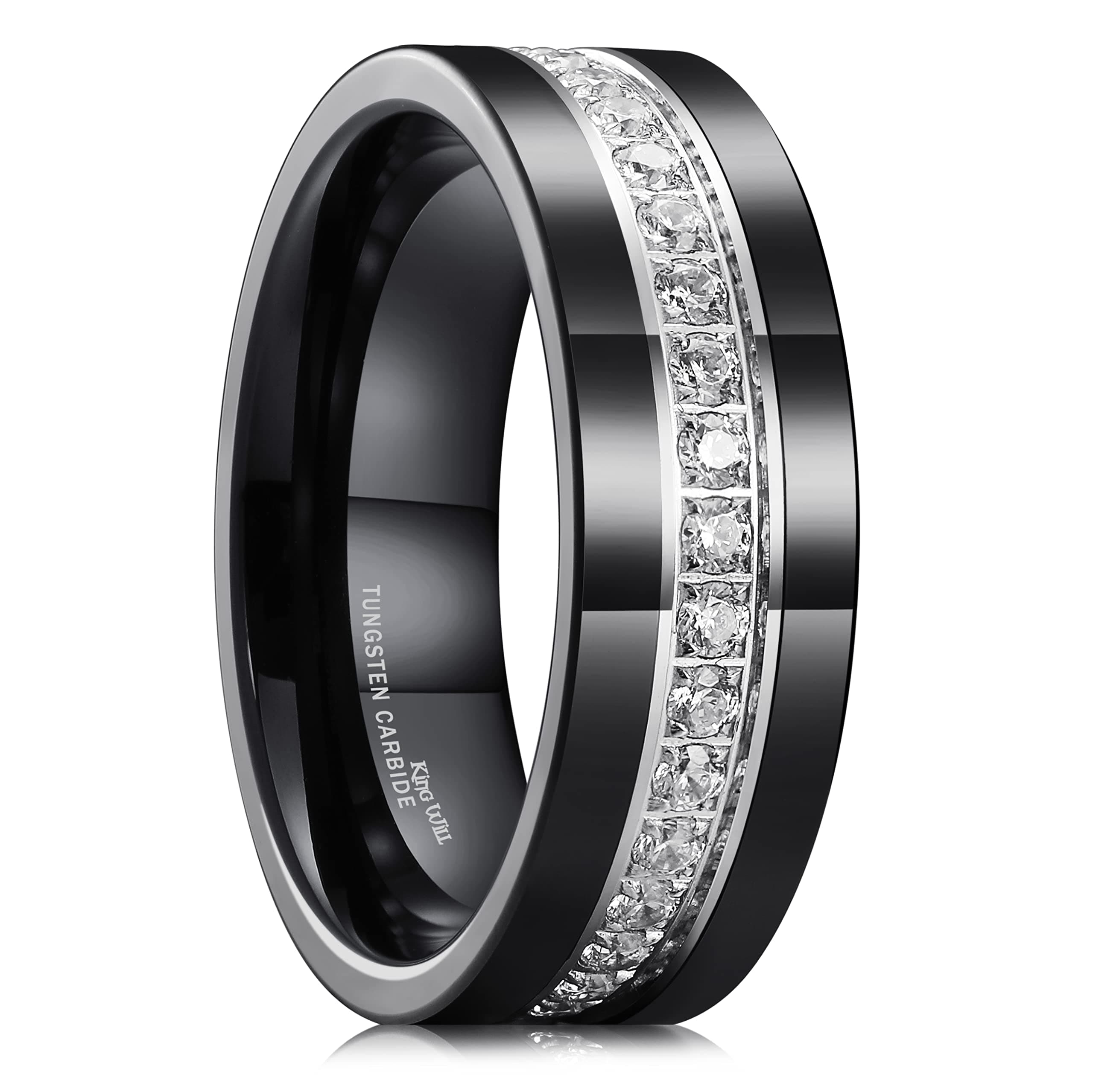 Mens Tungsten Wedding Band with Cubic Zircon Inlay 7mm/8mm Flat Cut Comfort Fit Engagement Rings