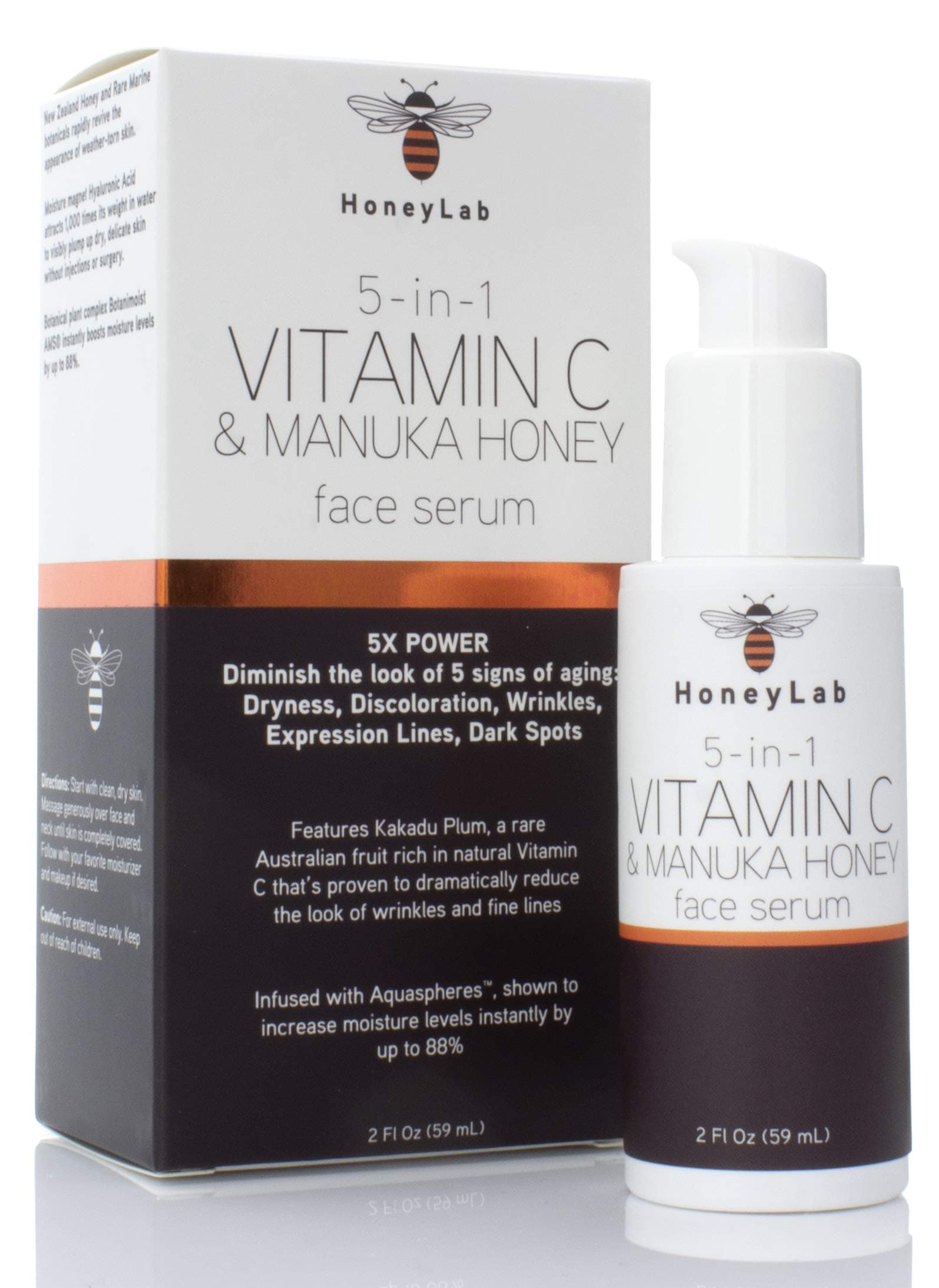 Vitamin C Face Serum with Hyaluronic Acid, Manuka Honey and peptides. Anti-aging serum contains Marine extracts that soften the look of dark spots, wrinkles and fine lines. 2oz bottle.