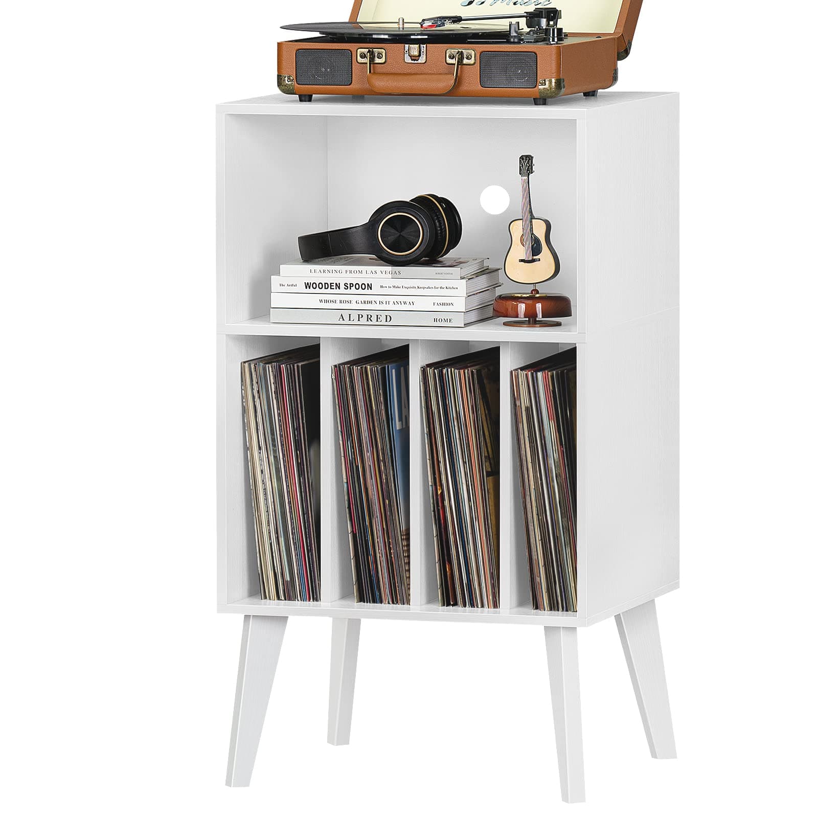 Lerliuo Record Player Stand, White Turntable Stand Holds up to 160 Albums, Mid-Century Vinyl Storage Cabinet Table with Solid Wood Legs, Record Player Holder Dispaly Shelf for Bedroom Living Room