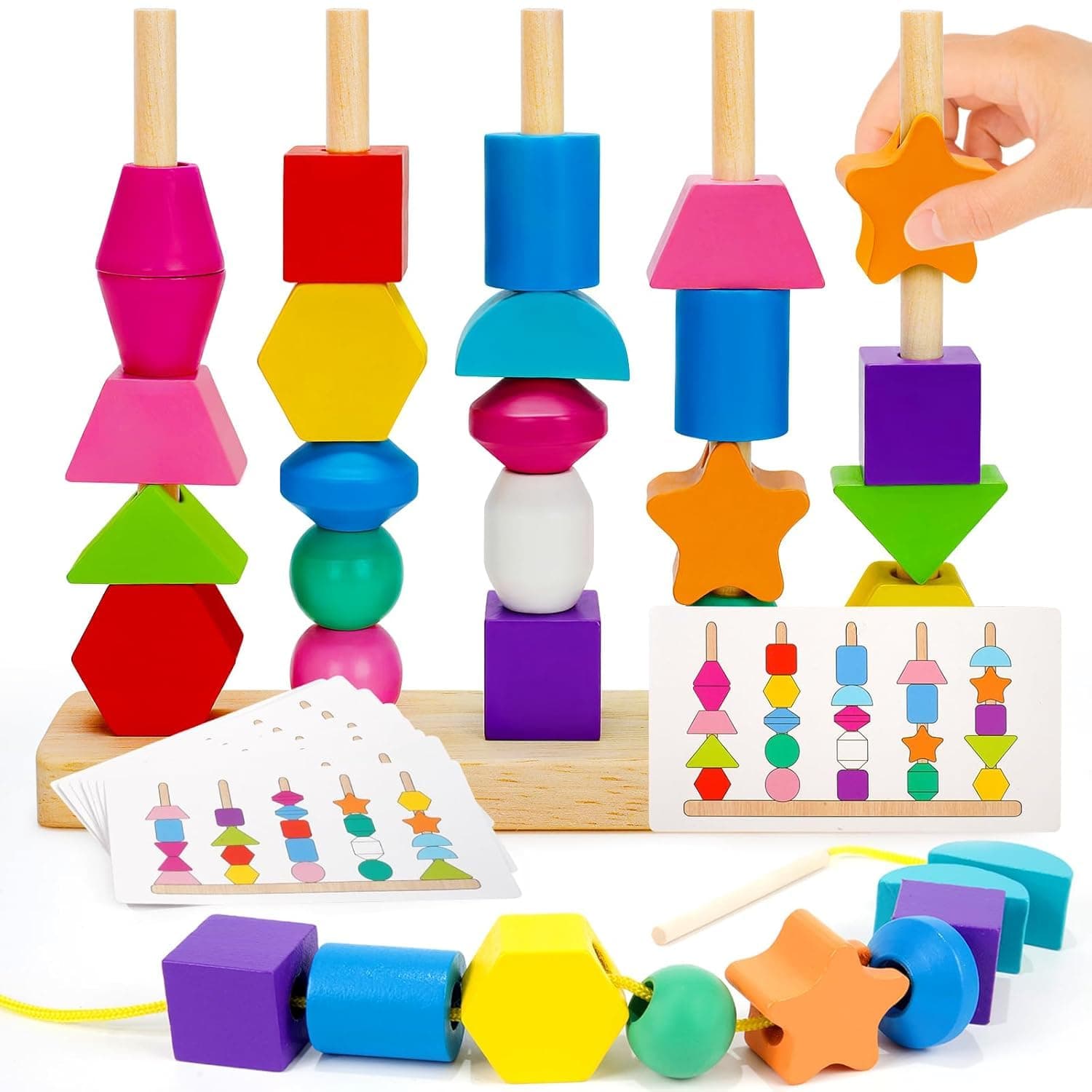 Cubelelo Drift (5 Column) Sort & Stack Puzzle with Lacing Thread & 8 Double-Sided Flash Cards | Montessori-Inspired Shape & Color Learning Educational Blocks Toy for Kids, Set Of 1