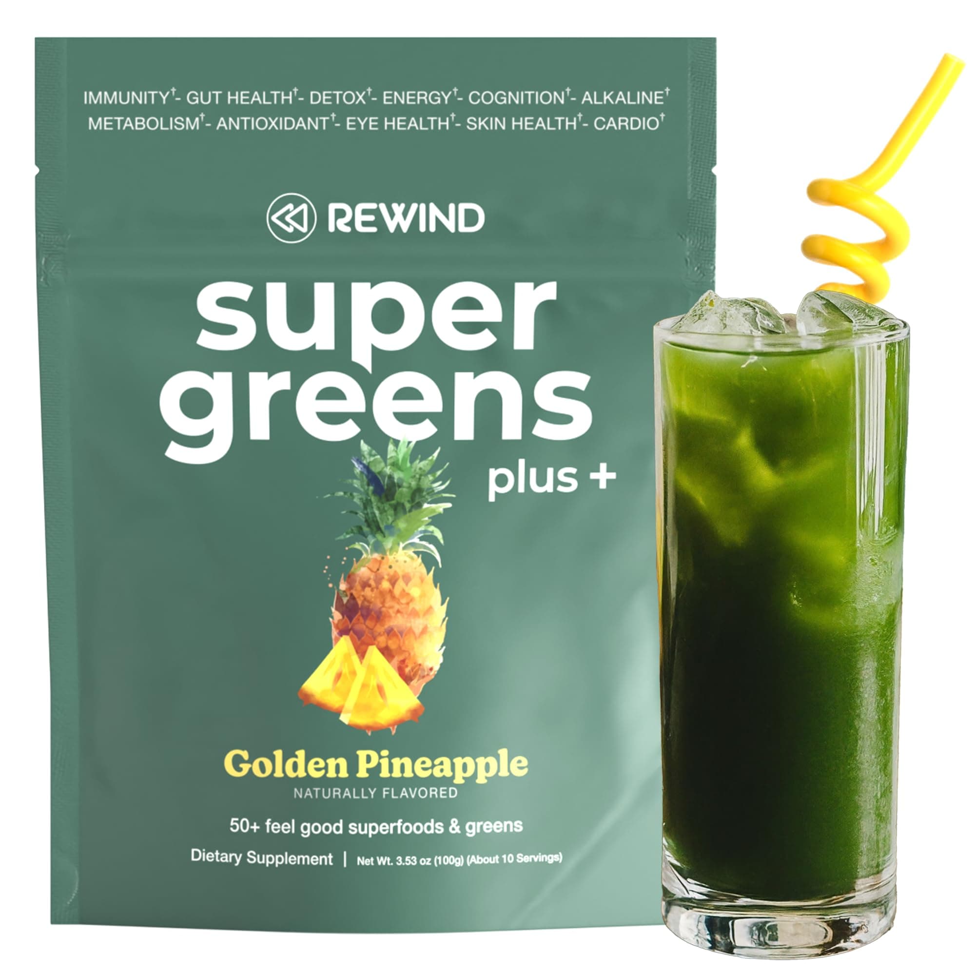Super Greens Powder with 50+ Superfoods – Daily Green Juice for The Whole Family – Delicious Green Powder Drink Mix – Golden Pineapple Flavor - 10 Servings