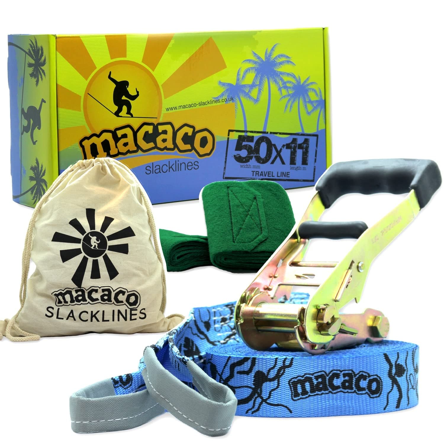 Macaco Travel Slackline 36ft x 2in Incl Ratchet, Bag and Instructions