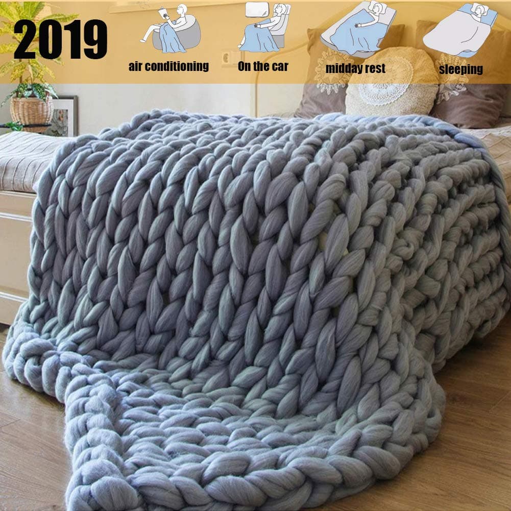 JollyAndVector Chunky Knit Blanket Throw Handmade Bulky Yarn Bulky Knitting for Bedroom Decor Bed Chair Sofa Pet Mat Rug (Grey, 47‘’X70'')