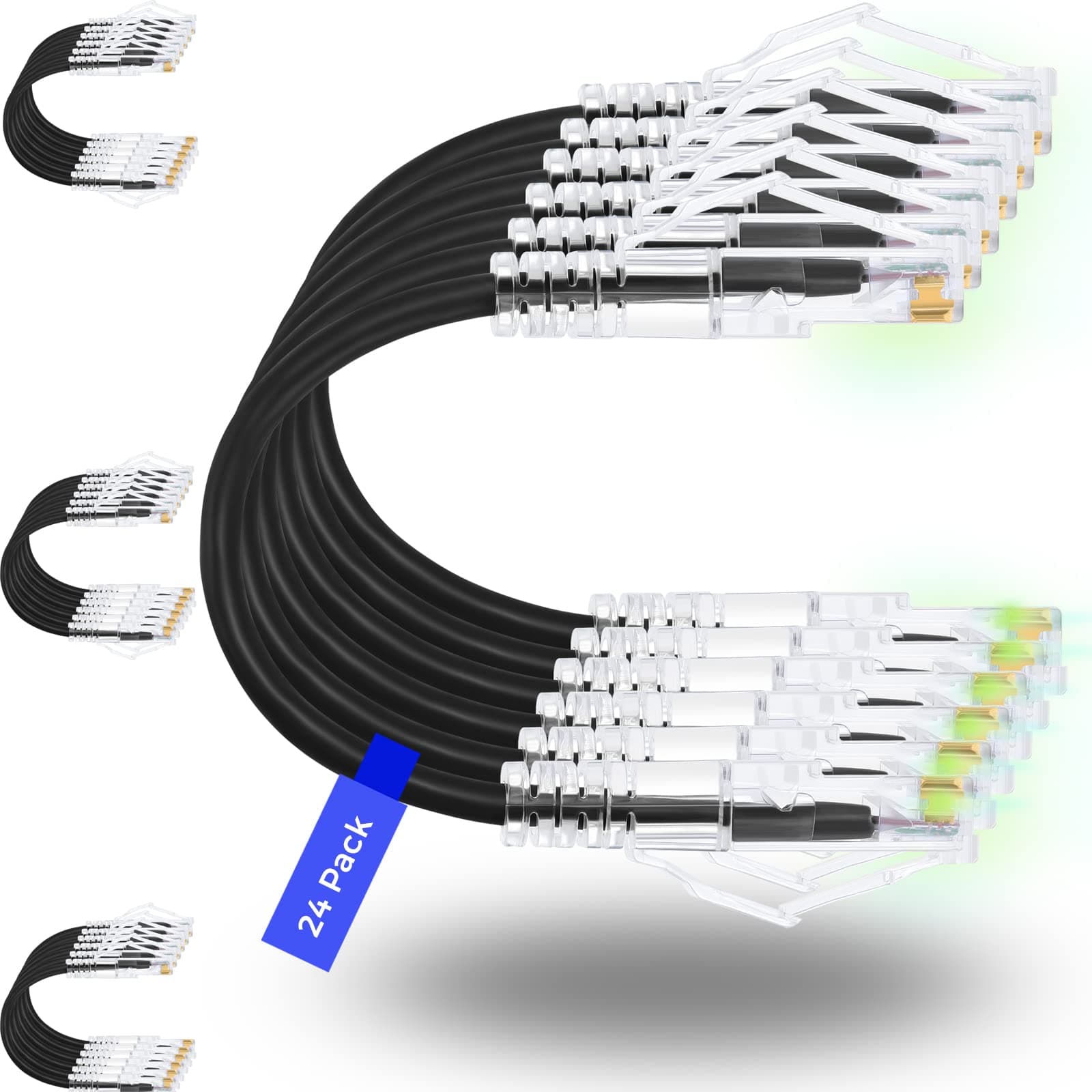Patch Cables Cat6a 0.5ft 24 Pack Slim, Cat6a Ethernet Patch Cable 10G Support, Snagless Cat 6 Patch Cable for Patch Panel to Switch, Flexiable Cat 6a Ethernet Cable with Gold Plated Black