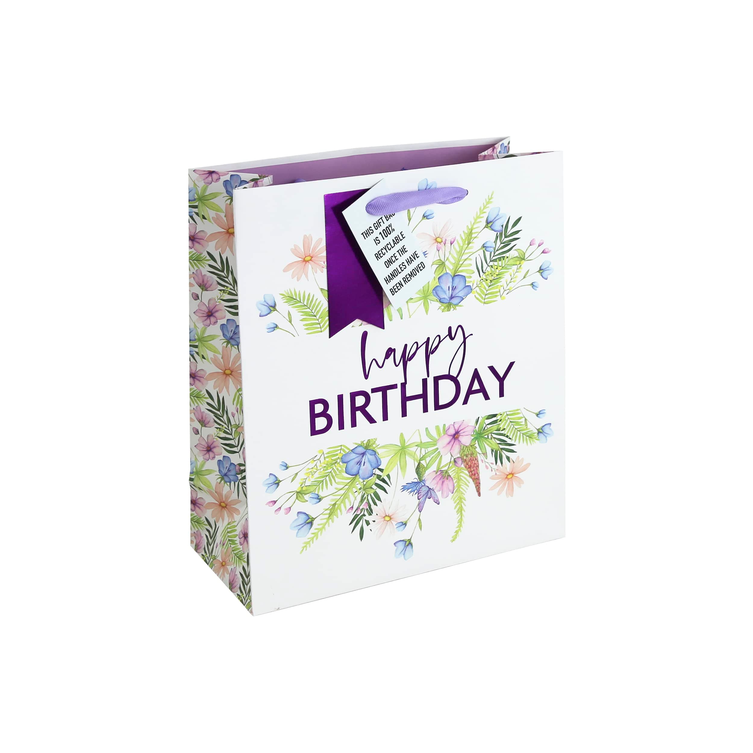 EurowrapFloral White Kraft Happy Birthday Gift Bag With Gift Tag, Design By Jeff Banks 100% Recyclable Medium