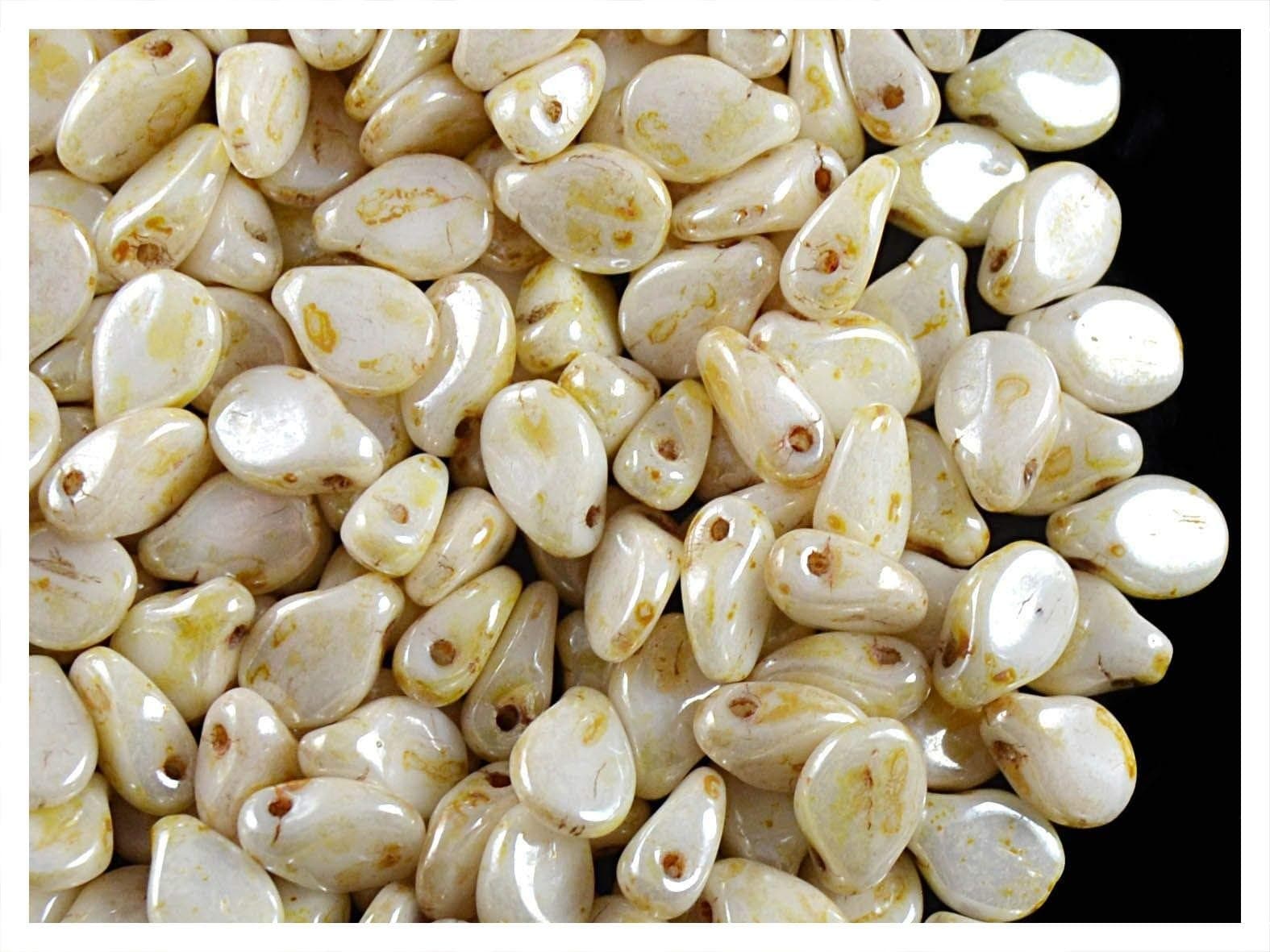 50pcs PIP Beads 7x5mm Pressed Czech Glass, Alabaster Picasso