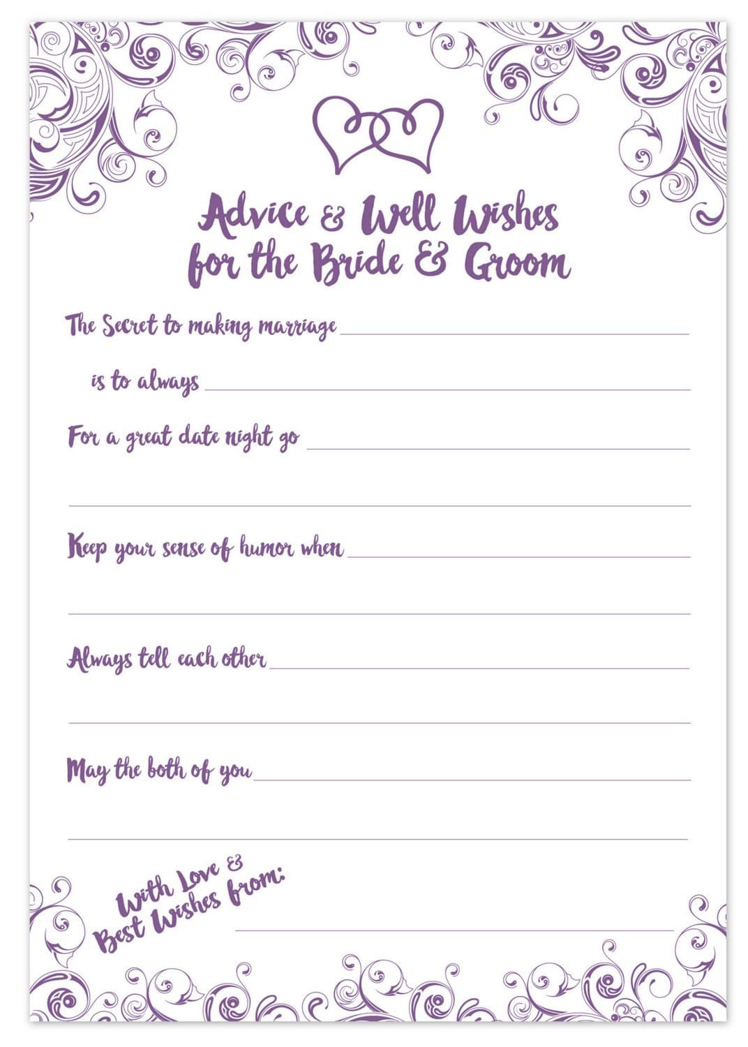 Old Blue Door Invites Purple Wedding Advice Cards - Advice & Well Wishes for the Bride & Groom - Prompted Fill In the Blank Style - Bridal Shower Game (50 Count)