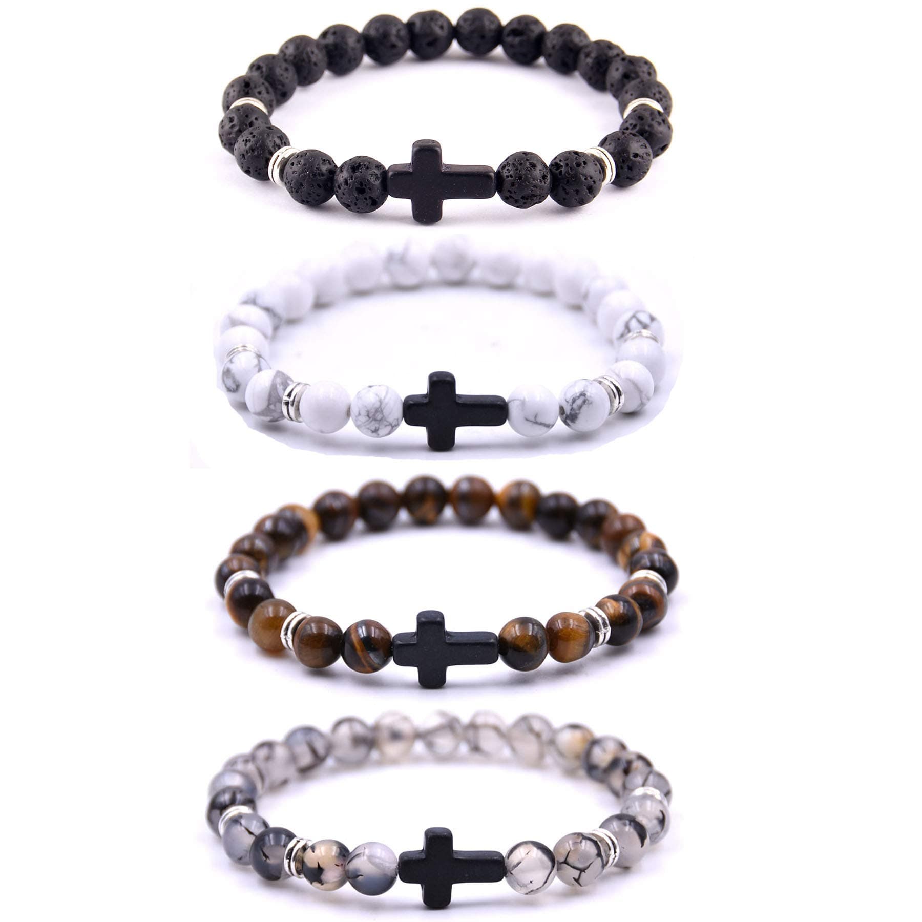 'Softones 4PCS Cross Beads Bracelet for Men Women 8mm Healing Lava Stone Stretch Bracelets,7.5'''