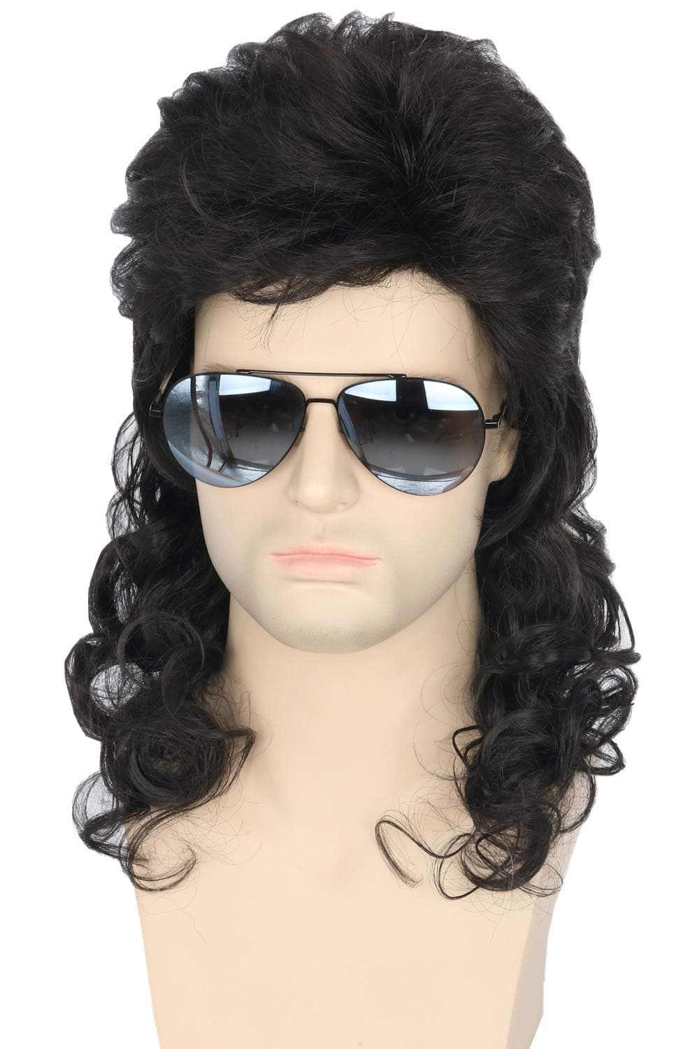 Men's 80s Mullet Wig - Black Curly Male Wig for Halloween Costumes, Punk Rocker Style