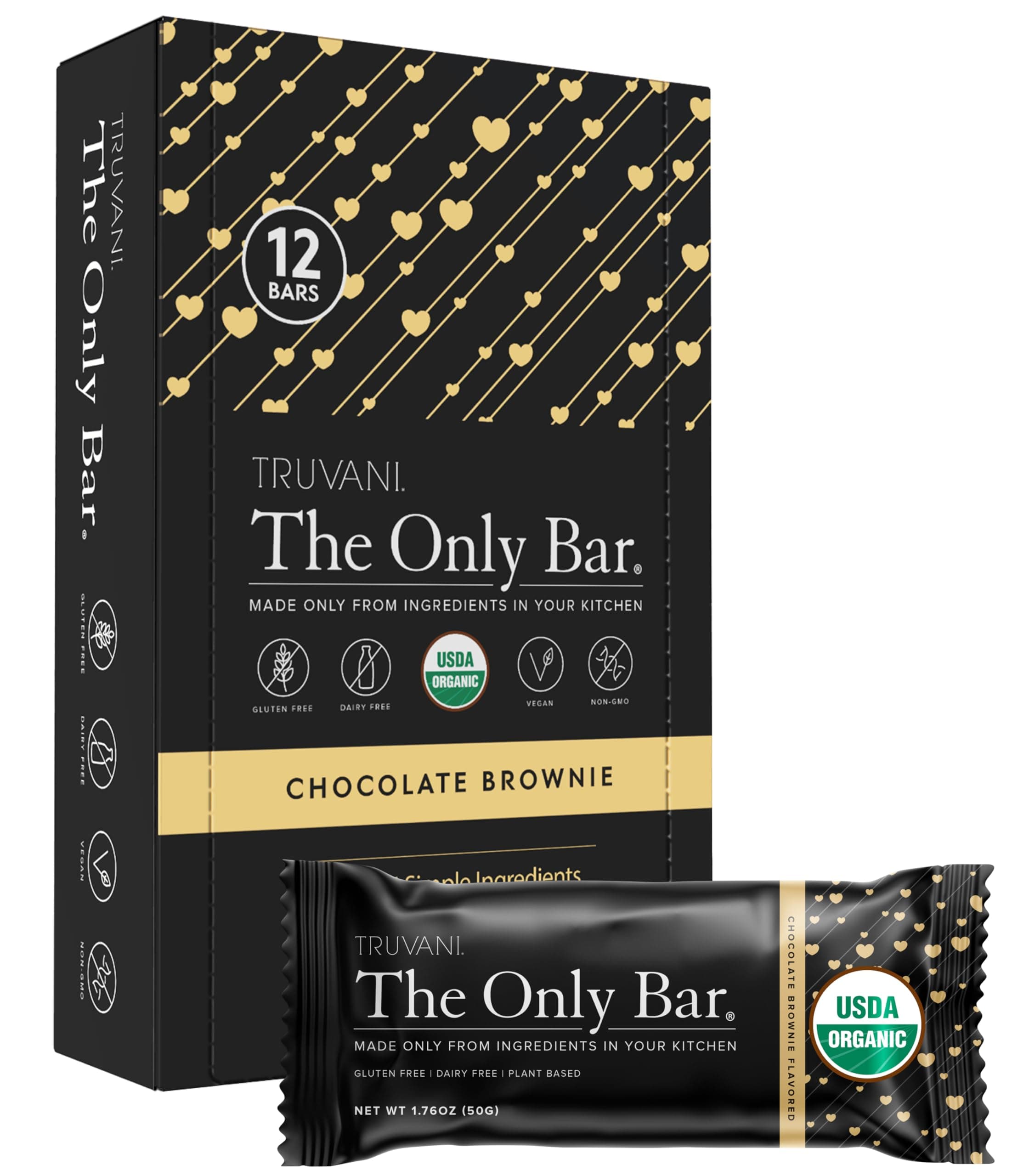 Truvani Plant Based Snack Bar | Chocolate Brownie 12 Pack | 7g Protein | USDA Organic and Vegan | The Only Bar | Dairy, Soy, and Gluten Free | Individually Wrapped