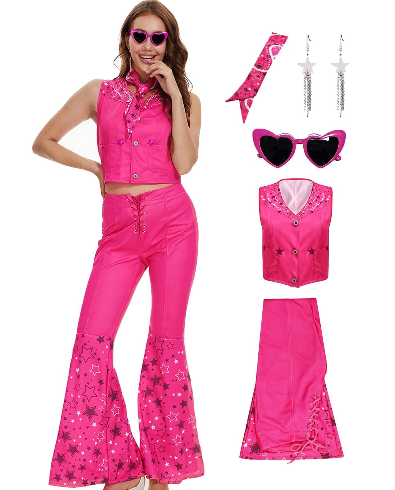 Cowgirl Costume 70s 80s Hippie Disco Outfits Pink Vest Top Flare Pant Halloween Cosplay for Women