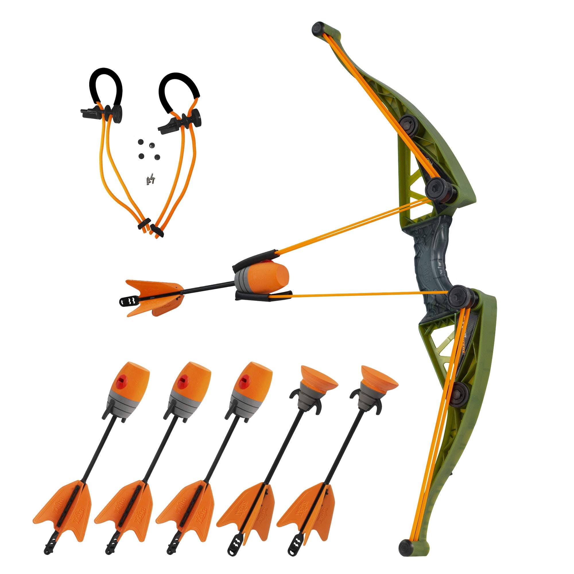 Air Hunterz Z-Curve Bow Pack, 1 Green Bow, 4 Orange Zonic Whistle and 2 Orange Suction Cup Arrows and 1 Bungee, Shoots Up to 200 Feet