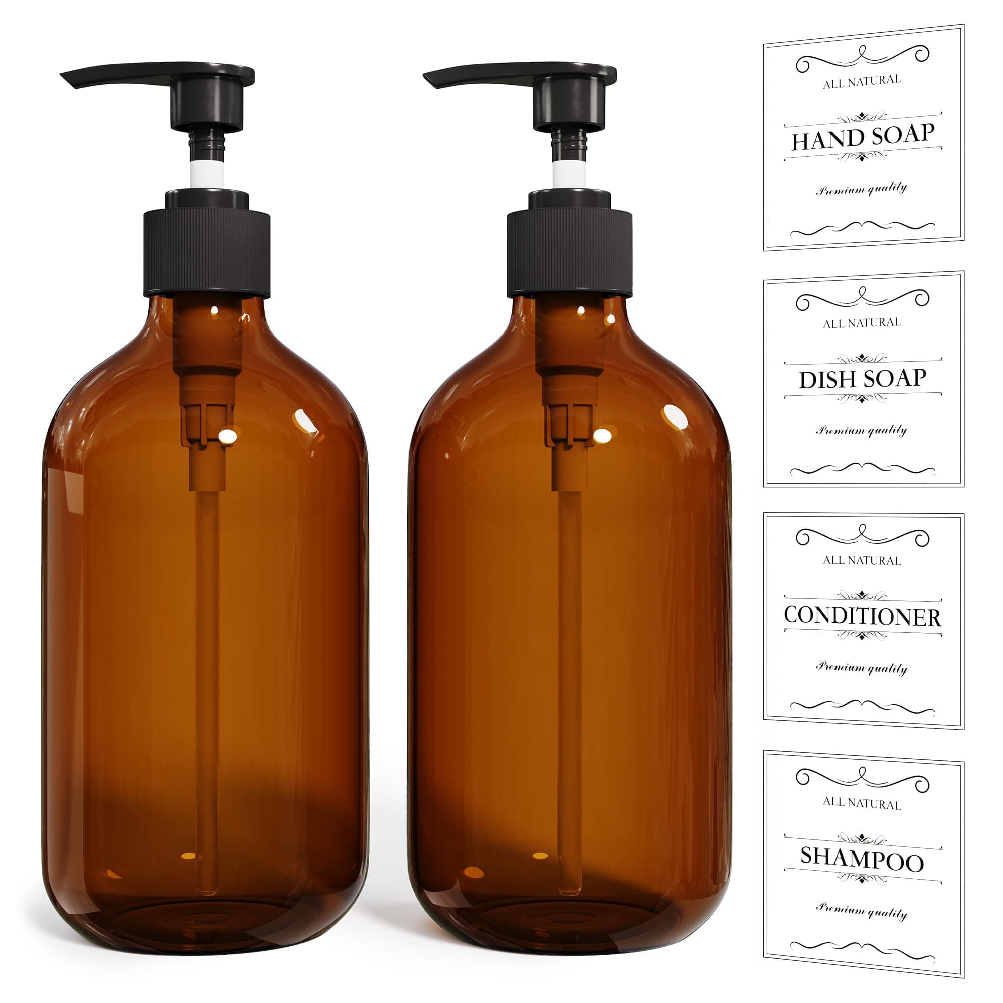 2PCS Amber Dish Soap Dispenser for Kitchen (16 Oz), Brown Hand Soap Dispenser for Bathroom, Plastic Soap and Liquid Dispenser Set with Rust Proof Pump, Refillable Soap Pump Bottles, Waterproof Labels