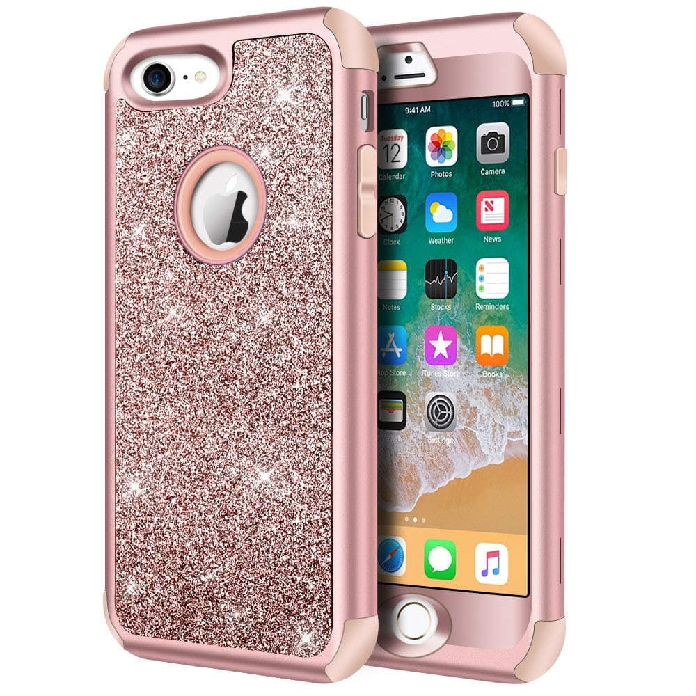 Hython Designed for iPhone 8, iPhone 7 Case, Heavy Duty Full-Body Defender Protective Case Bling Glitter Sparkle Hard Shell Hybrid Shockproof Rubber Bumper Cover, Rose Gold