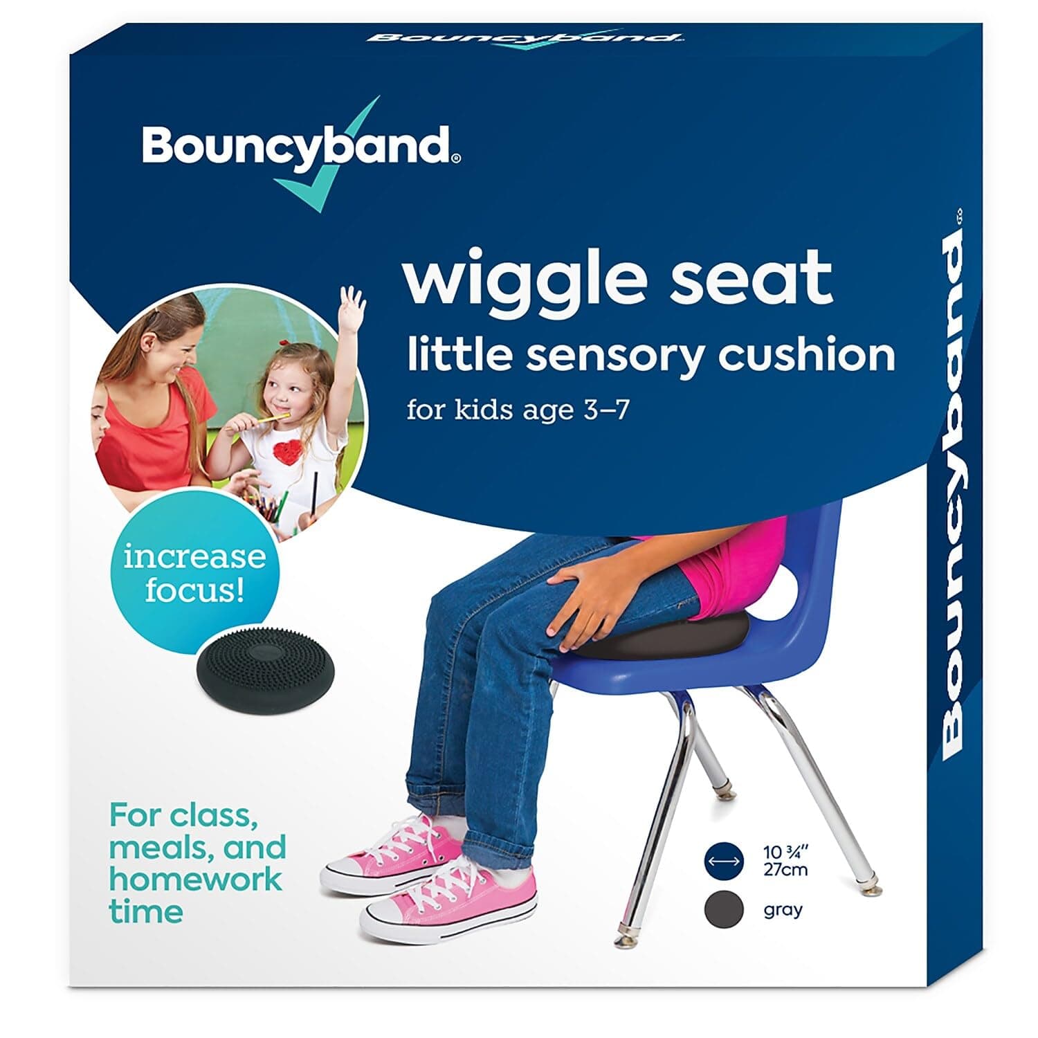 BouncyBand Wiggle Seat, Gray, 1-Pack – Small 10.75” D x 2.5” H Wobble Cushion for Kids Aged 3-7 – Sensory Tool Promotes Active Learning & Improves Productivity – Includes Pump for Easy-Inflation