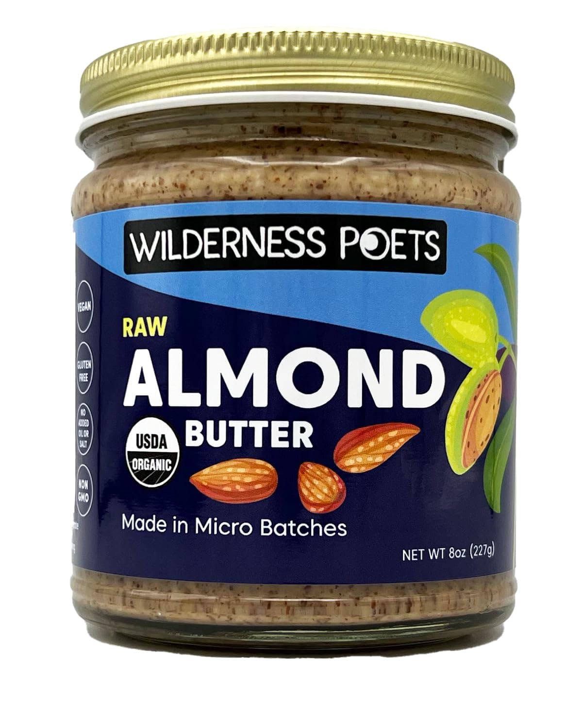 Almond Butter - Organic Raw Nut Butter (8 Ounce) - Vegan, Gluten Free, Non GMO, No Salt, No Sugar - Glass Jar