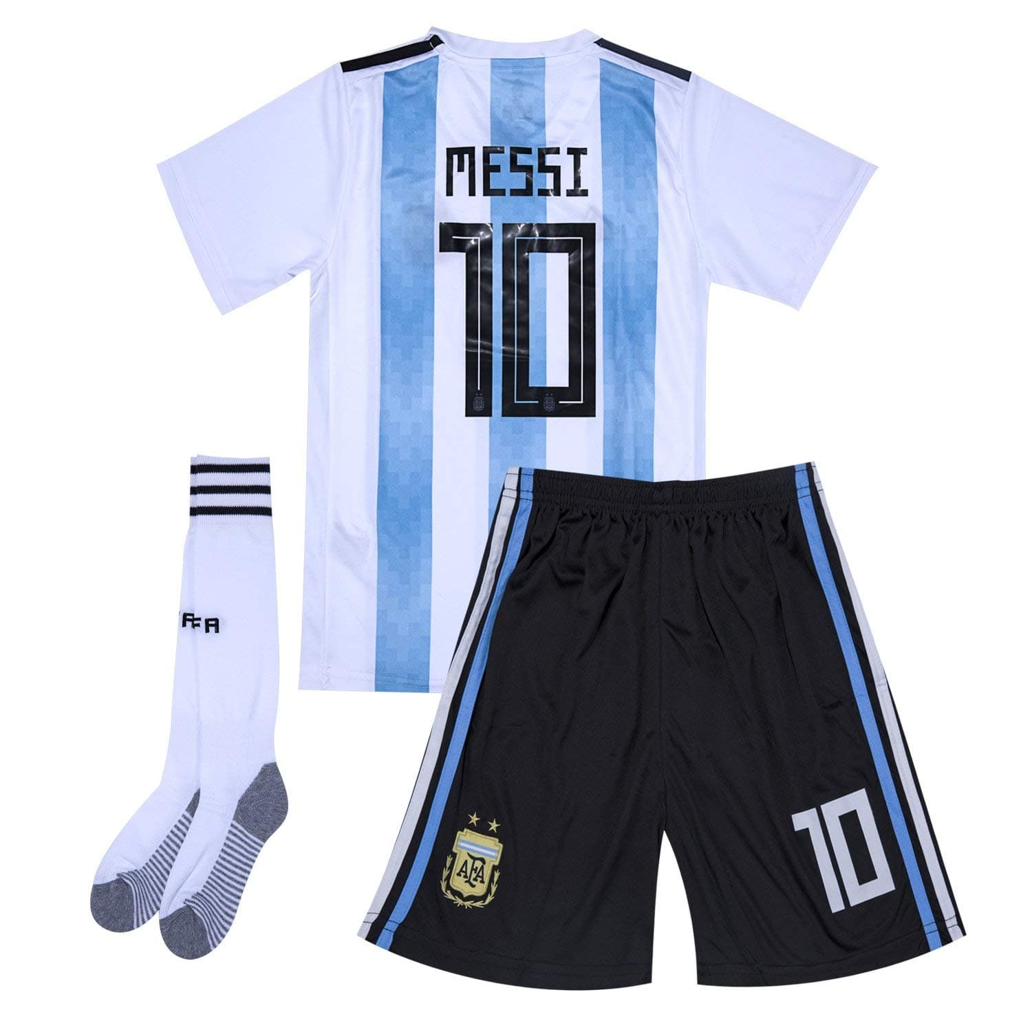 TOPSELL Argentina National Team #10 Messi Home Soccer Jersey & Shorts & Socks Kids/Youth/Boys/Girls White/Blue for 12-13Y/Size 28