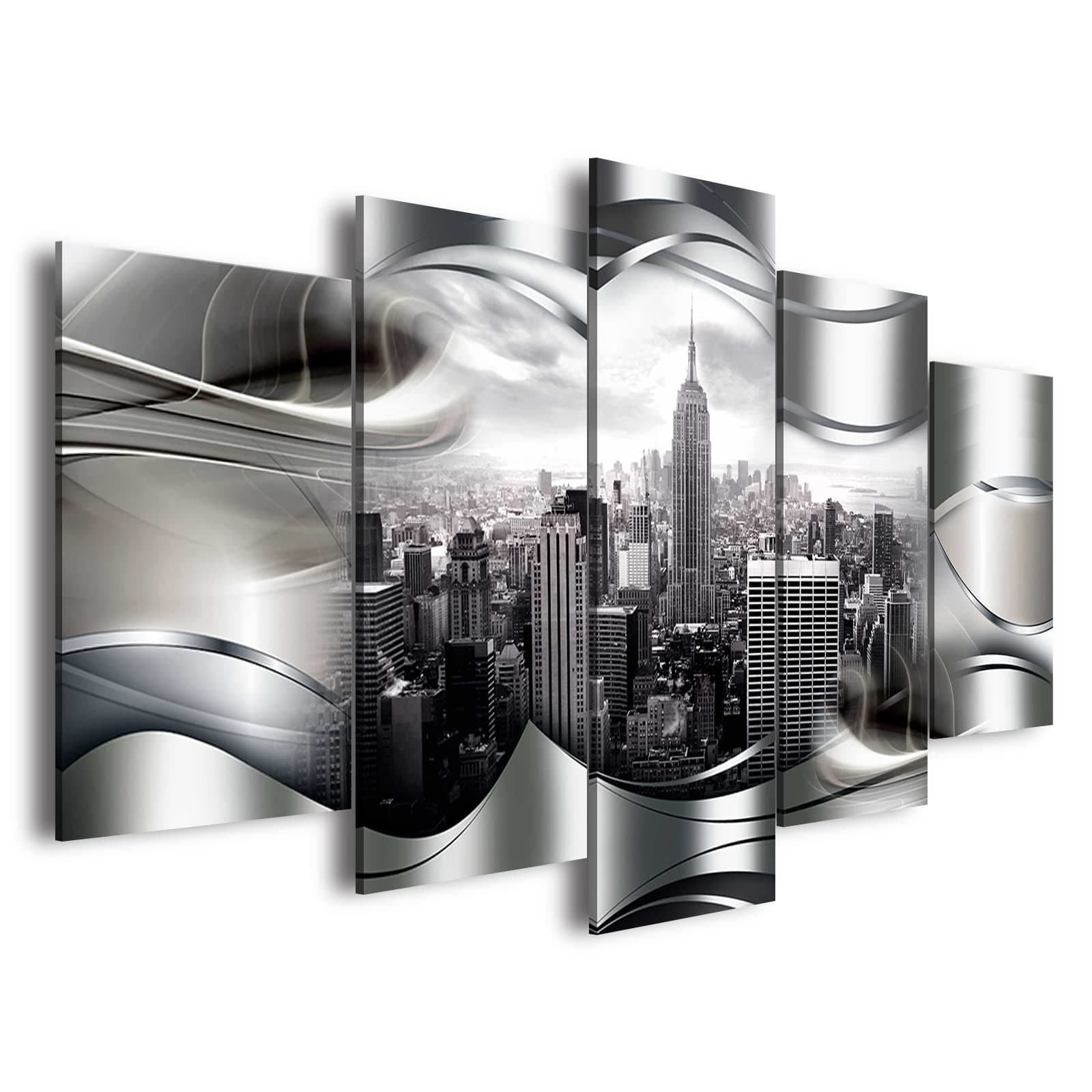 AWLXPHY Decor New York City Skyline Wall Art Canvas Black and White Abstract Painting Framed and Stretched 5 Panels for Living Room Modern Cityscape Print Artwork (White, W40 x H20)