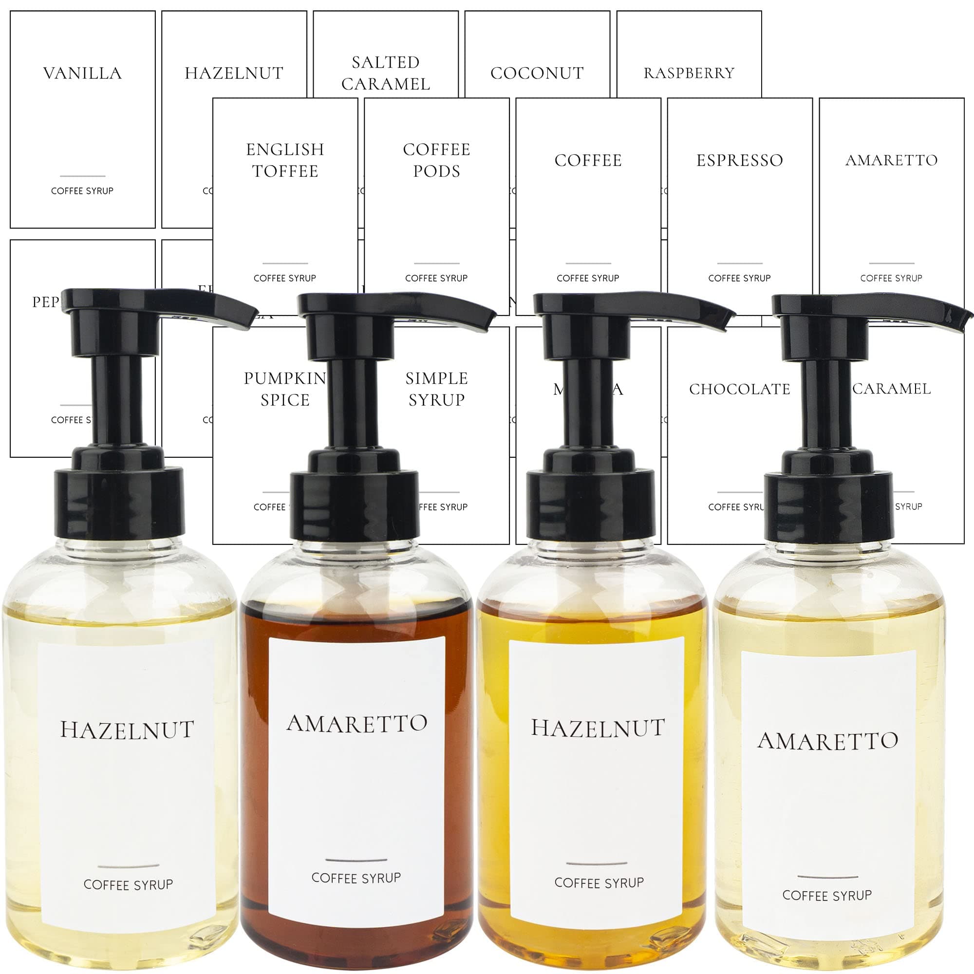 4 Pieces Coffee Syrup Dispenser Bottle 300ml PET Black Pump Bottles with Labels for Coffee Bar Organization