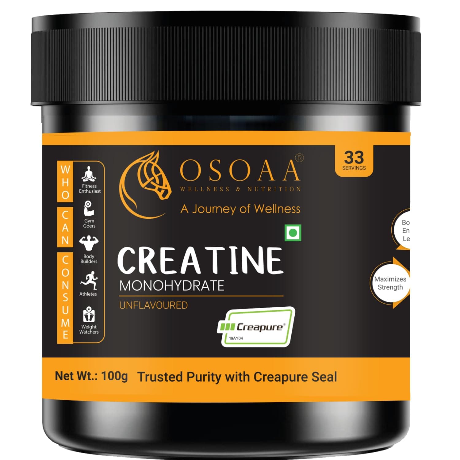 - OSOAA 100% Creapure from Germany, Micronized Creatine Monohydrate Powder - 100g | 3g Creatine/Serving | Pre/Post Workout Supplement for Muscle Repair & Recovery | Supports Athletic Performance & Power