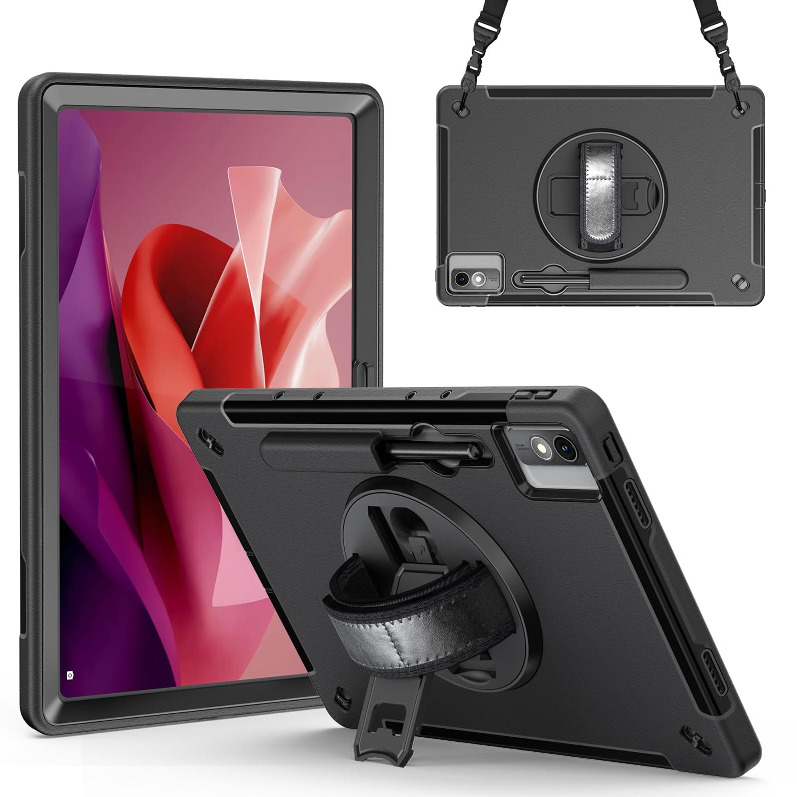 Junfire Robust Case for Lenovo Tab P12 (12.7 Inch) 2023, Shockproof Protective Case with Rotating Stand, Wrist Strap, Shoulder Strap and Pen Holder Compatible with Model TB370FU - Black