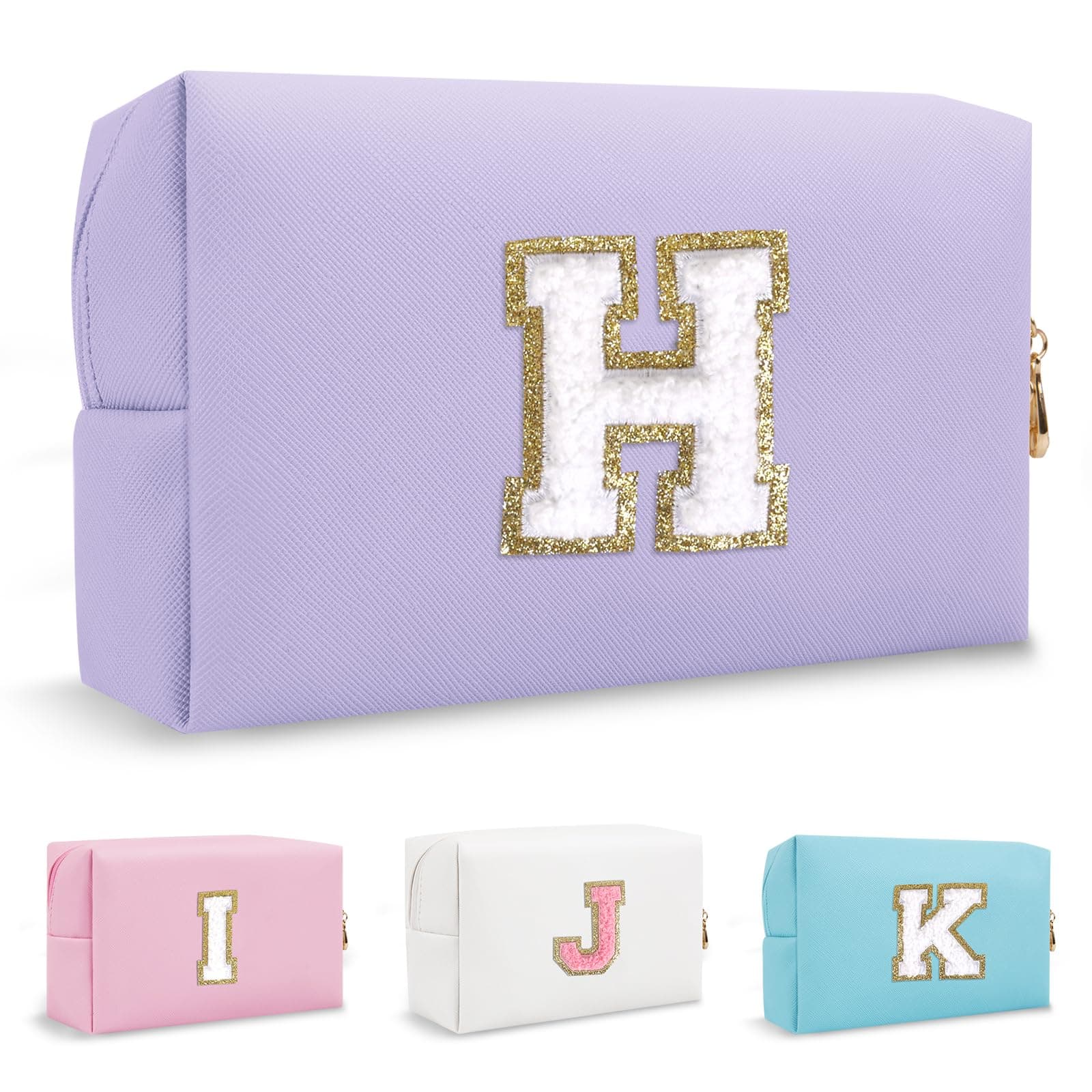 Personalized Chenille Letter Preppy Makeup Bag, Small Initial Purple Cosmetic Bag Travel Toiletry Zipper Pouch Monogram Makeup Storage, Waterproof PU Make Up Case Travel Essentials for Women(Letter H)