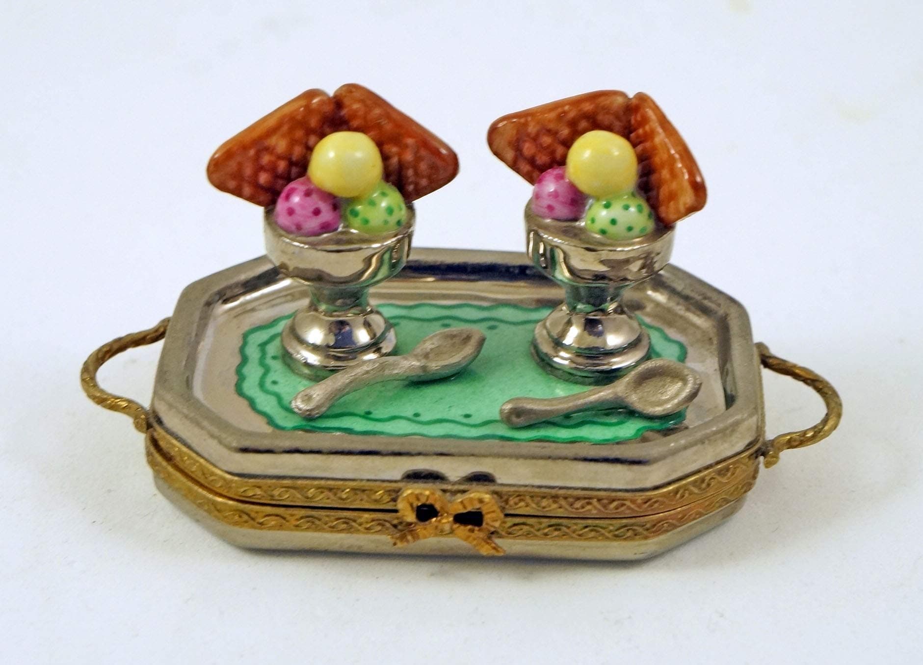 Authentic French Porcelain Hand Painted Limoges Box Amazing Serving Tray with Ice Cream Sundae