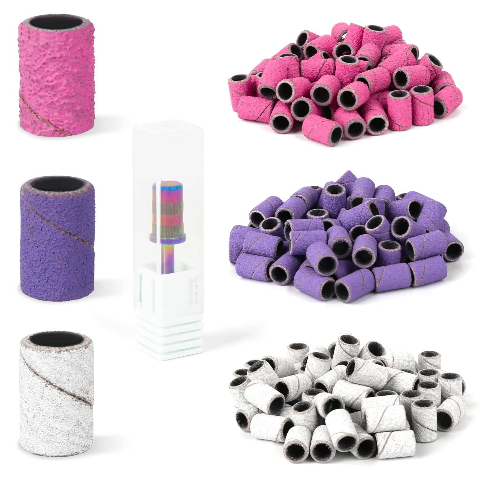 Lavinda Sanding Bands Nail Drill Bits 300Pcs Grits Electric File Nail Sanders Professional Drill Bits Set #80#150#240 Zebra Grinder Band colorful 3/32" Mandrel Bit for Manicures Nail Drill Machine