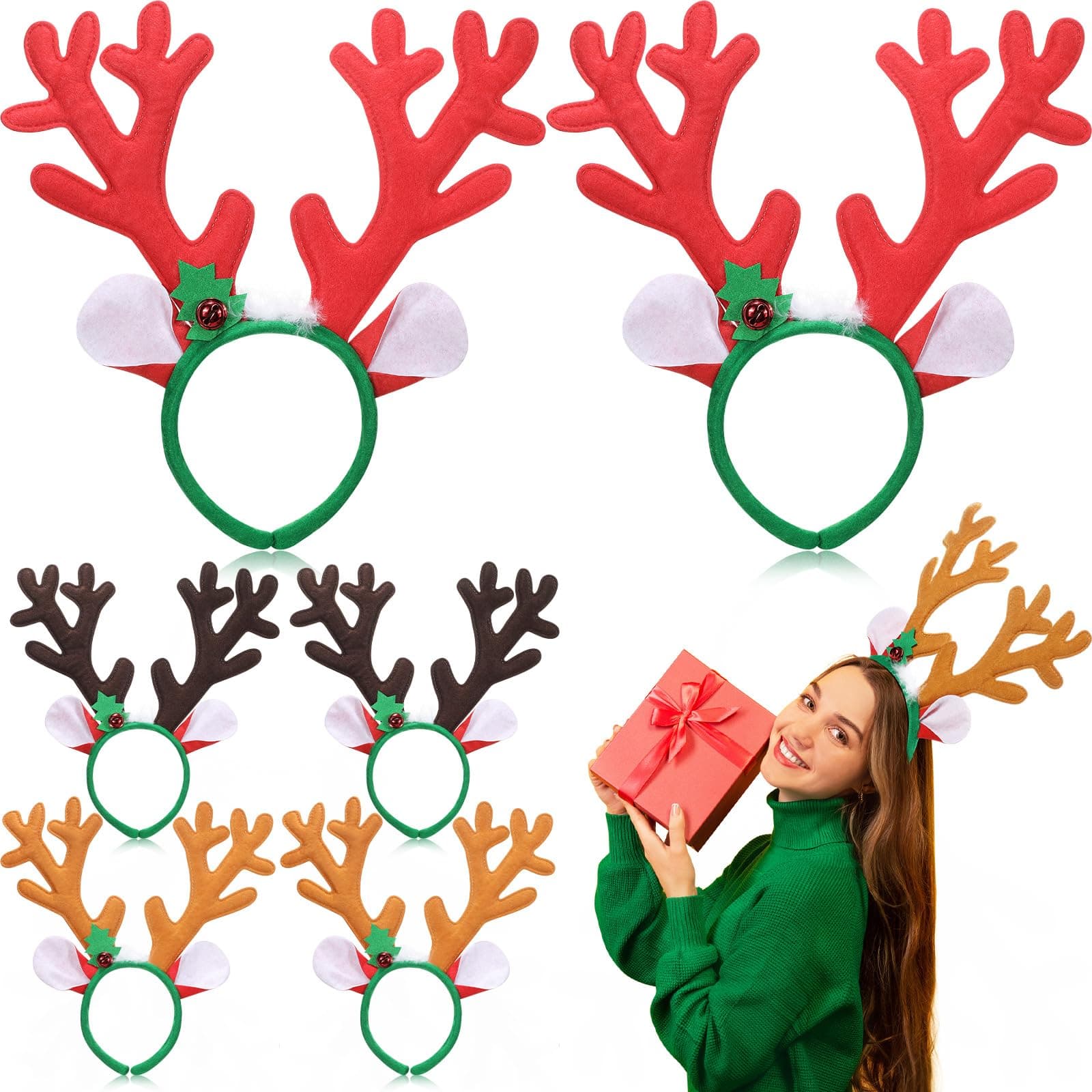 Zubebe 6 Pcs Christmas Reindeer Antler Hair Hoop Headband Deer Antlers Ears with Bells for Kids Adults Party Favor