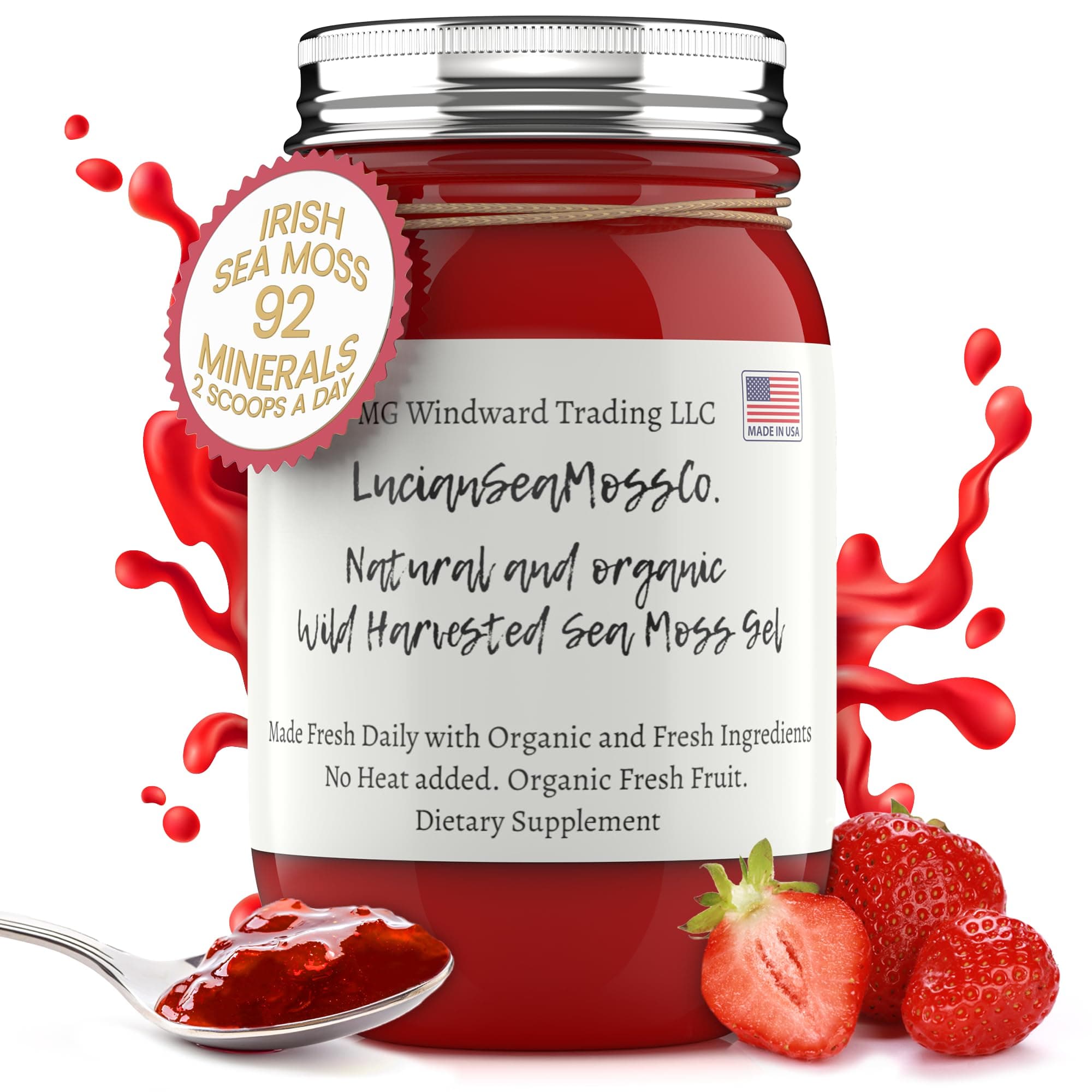 Strawberry Fresh Fruit Infused Certified Wild Harvested Organic Irish Sea Moss Gel | Immune and Digestive Support | Vitamin Mineral Antioxidant Supplements | (16 oz. Strawberry)