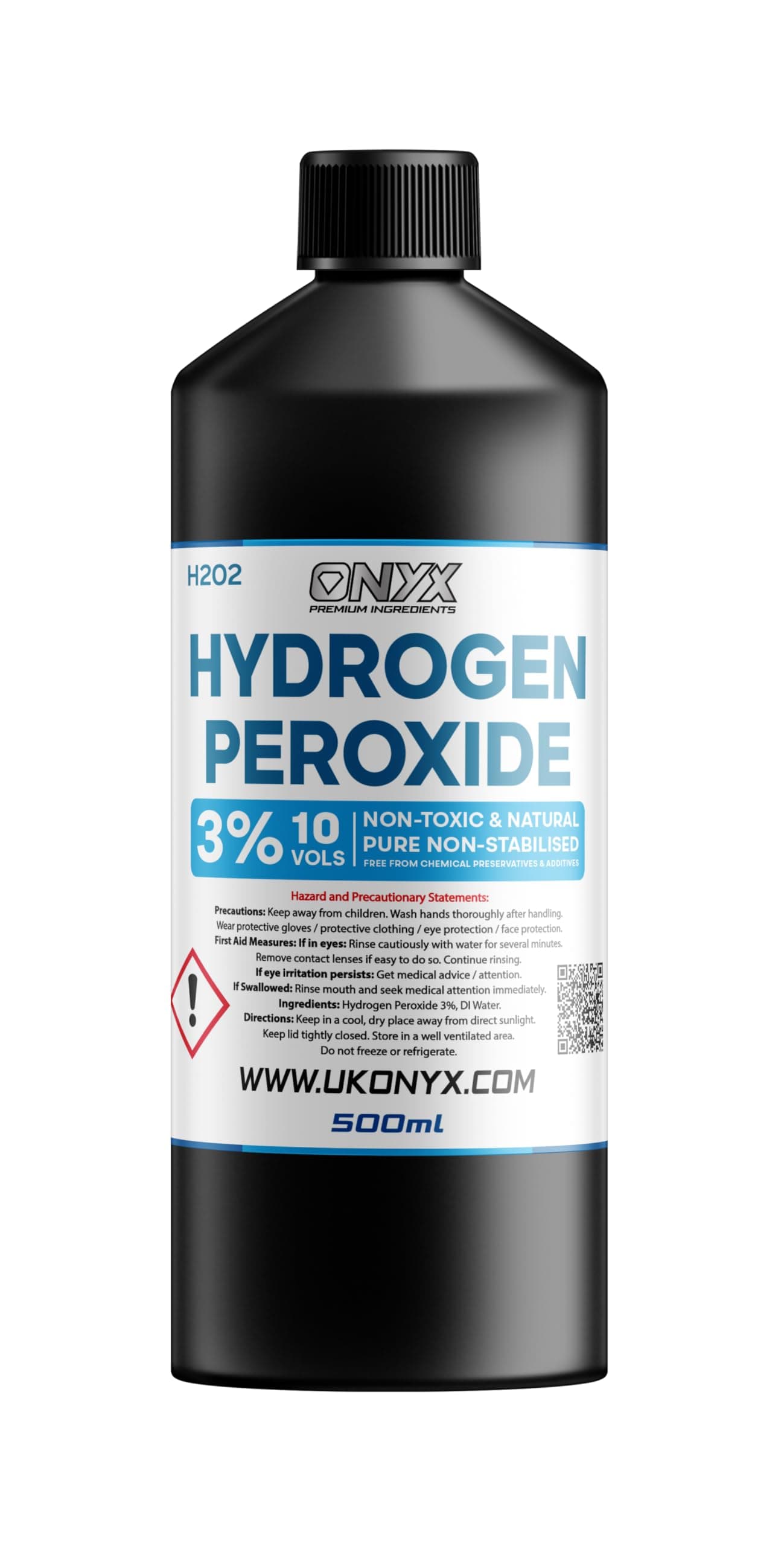 ONYX Hydrogen Peroxide 3% 500ml Purest Grade - Unstabilized and Additive Free, Multi-Purpose Cleaner/Mold remover - Food Grade - 10 Vols (0.5L)