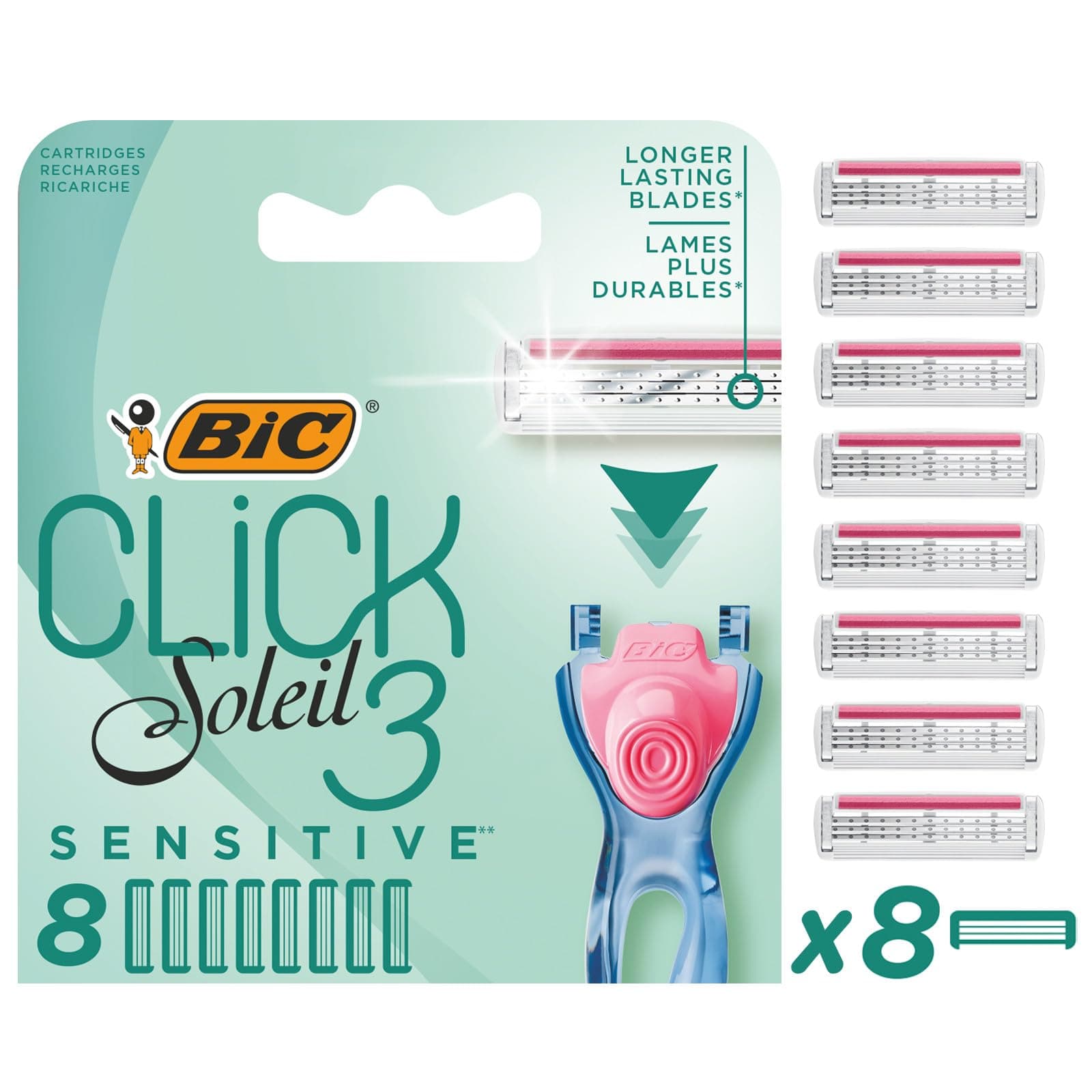 Click 3 Soleil Sensitive Women's Razor Refills, 3 Moveable Blades and Lubricating Strip - Box of 8 Cartridges, Blue