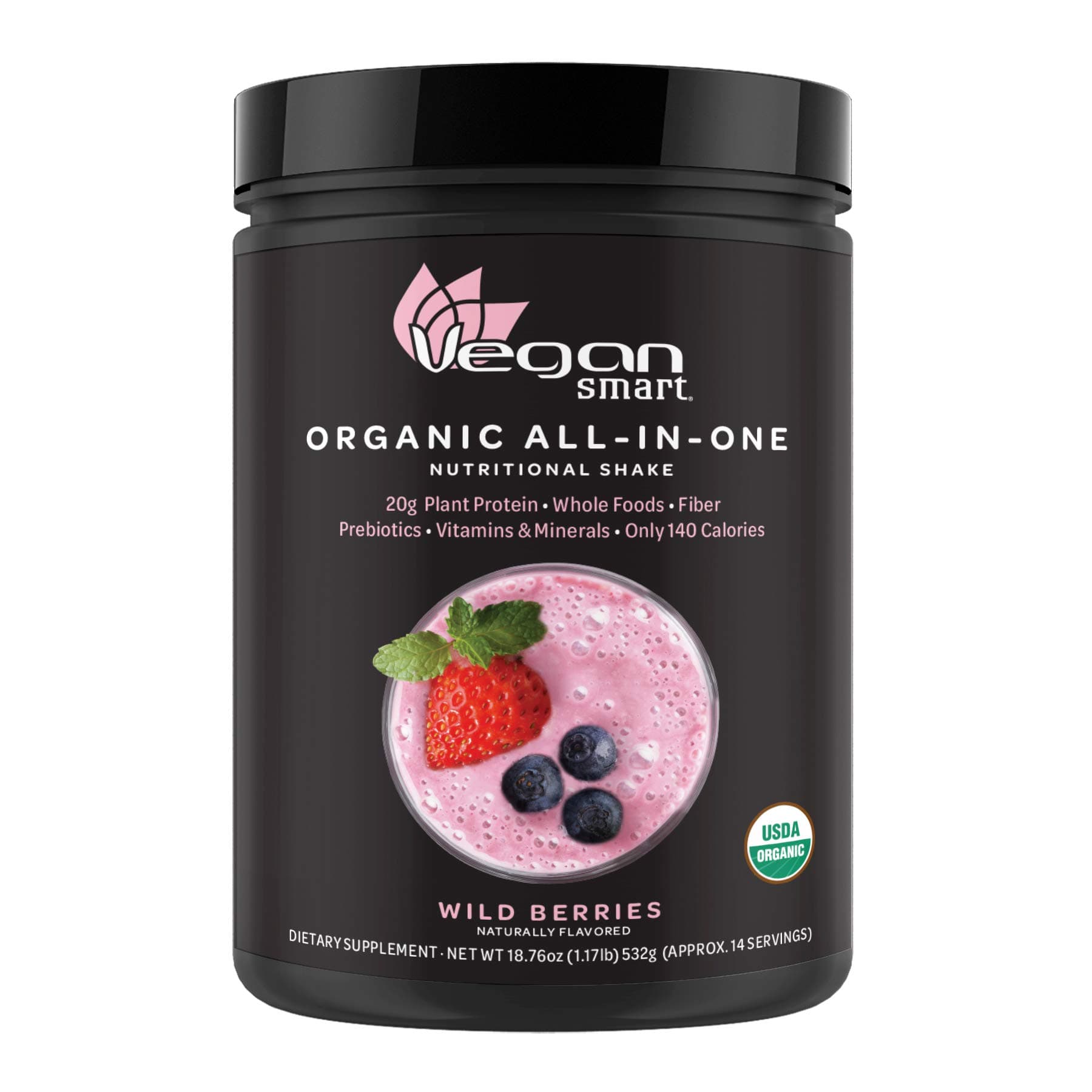 Vegansmart Plant Based Organic Protein Powder by Naturade, All-in-One Nutritional Shake - Wild Berries (14 Servings)