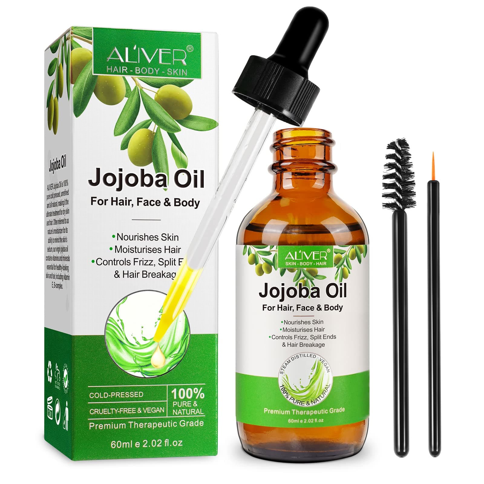 Organic Jojoba Oil 100% Pure Moisturising Organic Jojoba Oil for Hair Growth Skin Care Natural Jojoba Oil for Face, Beard, Nails, Body Massage Oil 60 ml
