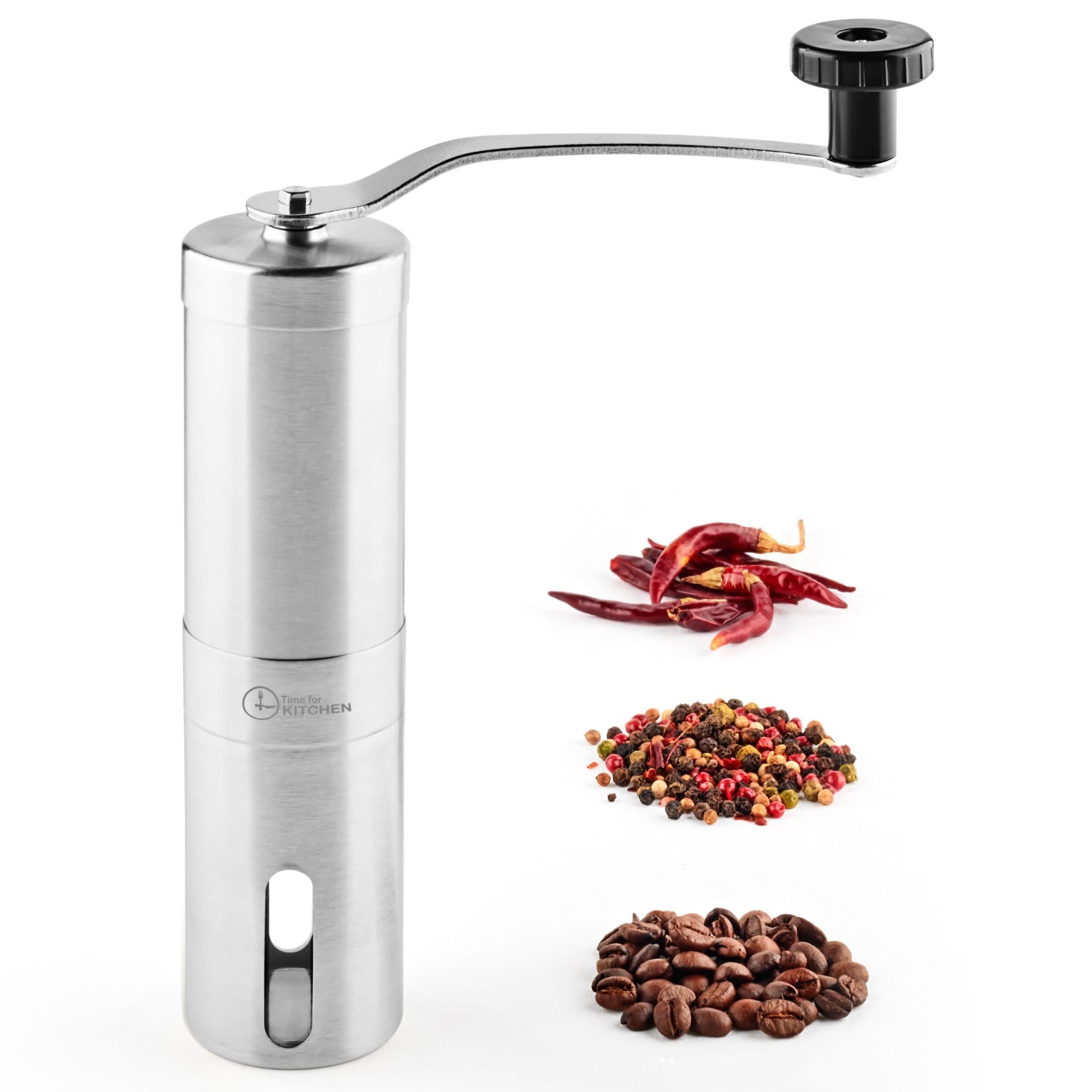 Manual Coffee Grinder by Time for Kitchen – Stainless Steel Hand Conical Grinder with Ceramic Burrs – Best Coffee & Spice Mill for Manual Use