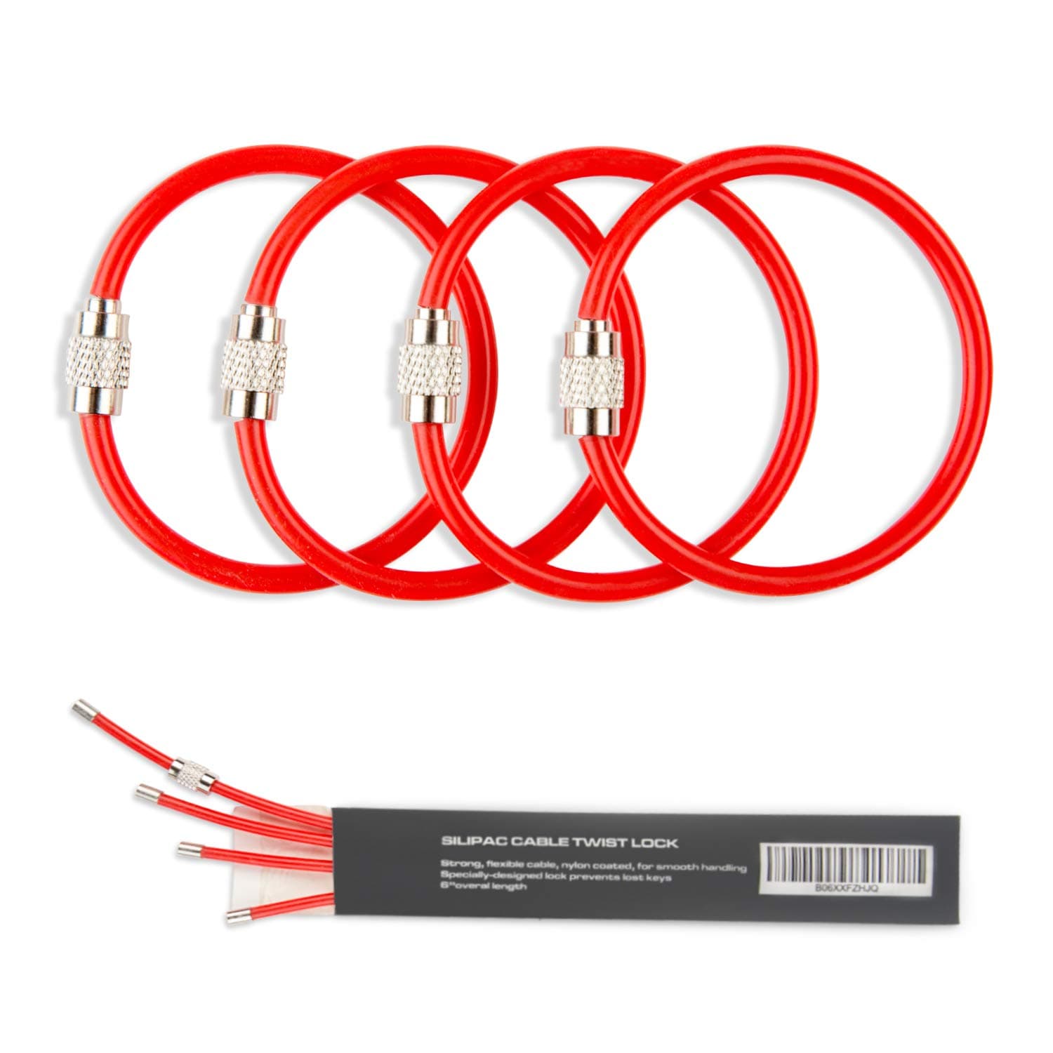 Silipac Metal Cable Key Ring-Heavy Duty Tough Stainless Steel Wire Durable Keychains Twist Lock Carabiner-for Luggage Tag Loops Travelling Key Organizer-4 Pcs Red Silicone Coated Thick 4mm (6.3 inch)