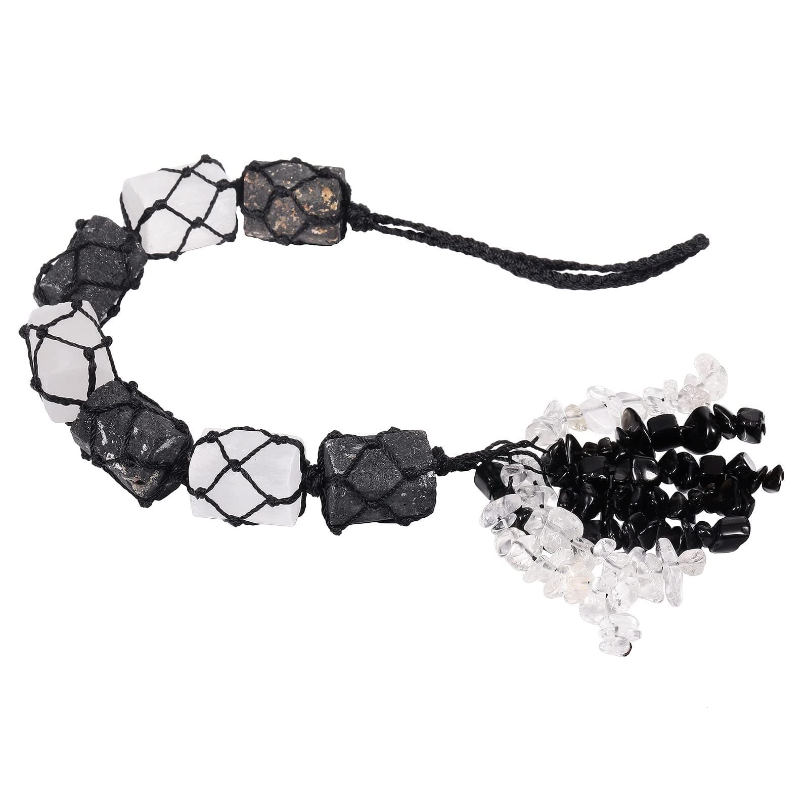 SUNYIK Black Tourmaline & Selenite Crystal Stone Hanging Ornament with Crystal Stone Tassel for Window Car Hanging Indoor Outdoor Decoration Ornament