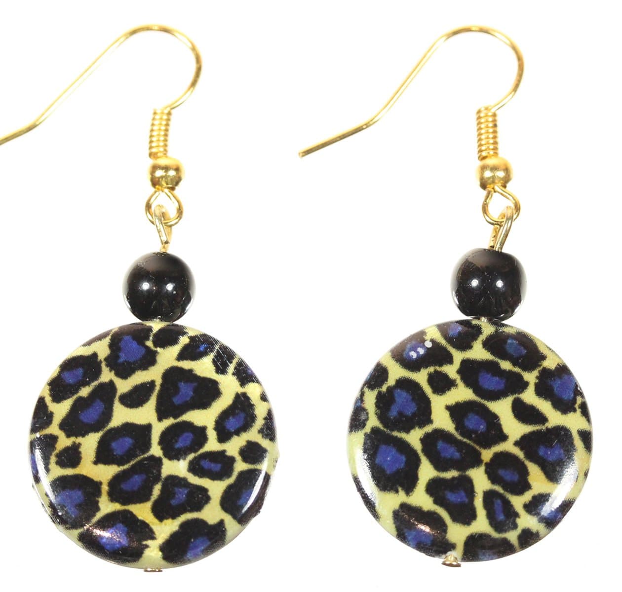 Style-ARThouse Blue Leopard, Shiny Black and Goldtone Leopard Print Earrings, 1.5 Inches