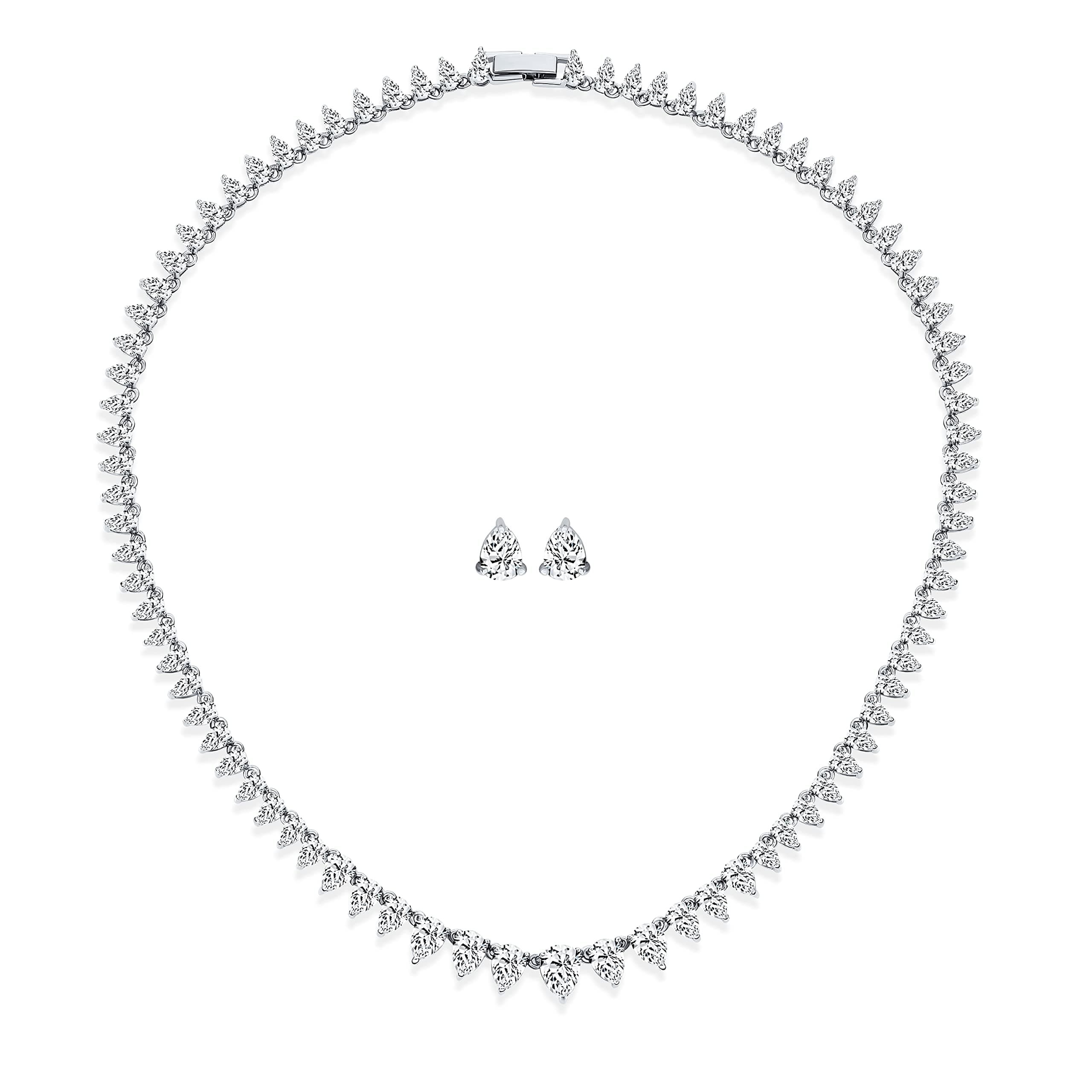 Classic Traditional Bridal Graduated Teardrop AA CZ Statement Collar Tennis Necklace Stud Earrings Jewelry Set For Women Wedding Prom Silver Plated