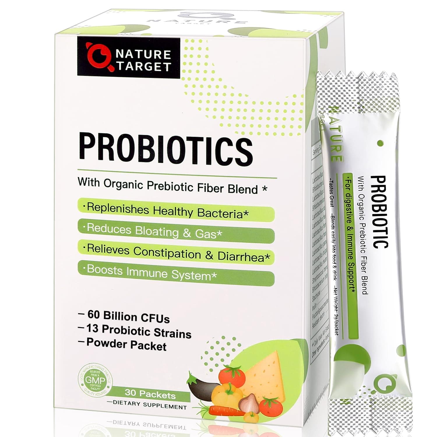 NATURE TARGET Probiotics for Women-Men-Kids Probiotic Powder 60 Billion CFUs 13 Strains - Prebiotics and Probiotics for Digestive Health, Shelf Stable, Non-GMO, Gluten Free 30 Packets