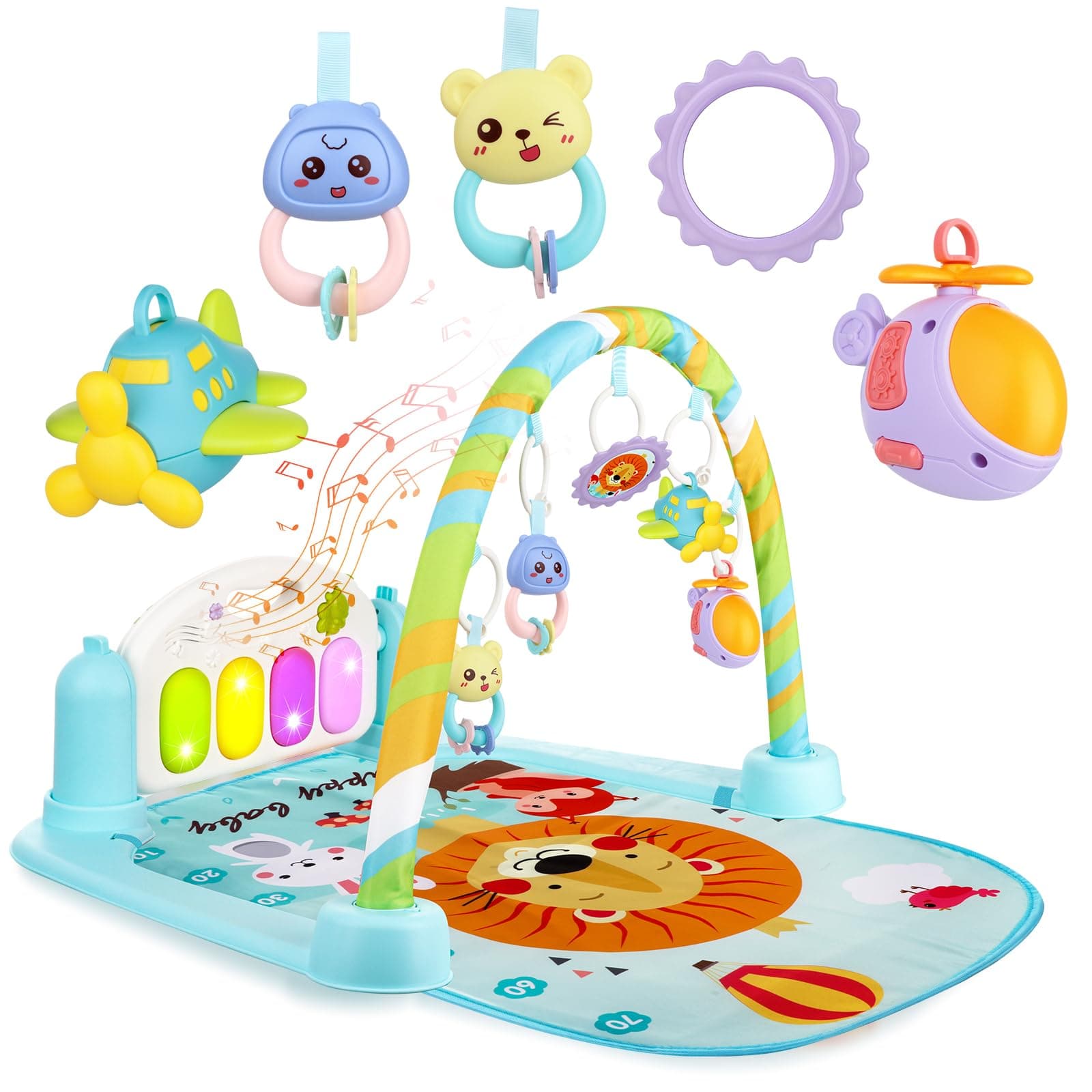 Baby Play Gym Kick and Play Mat Newborn Activity Gym Lay & Play 3 in 1 Fitness Music and Lights Fun Piano (Blue)