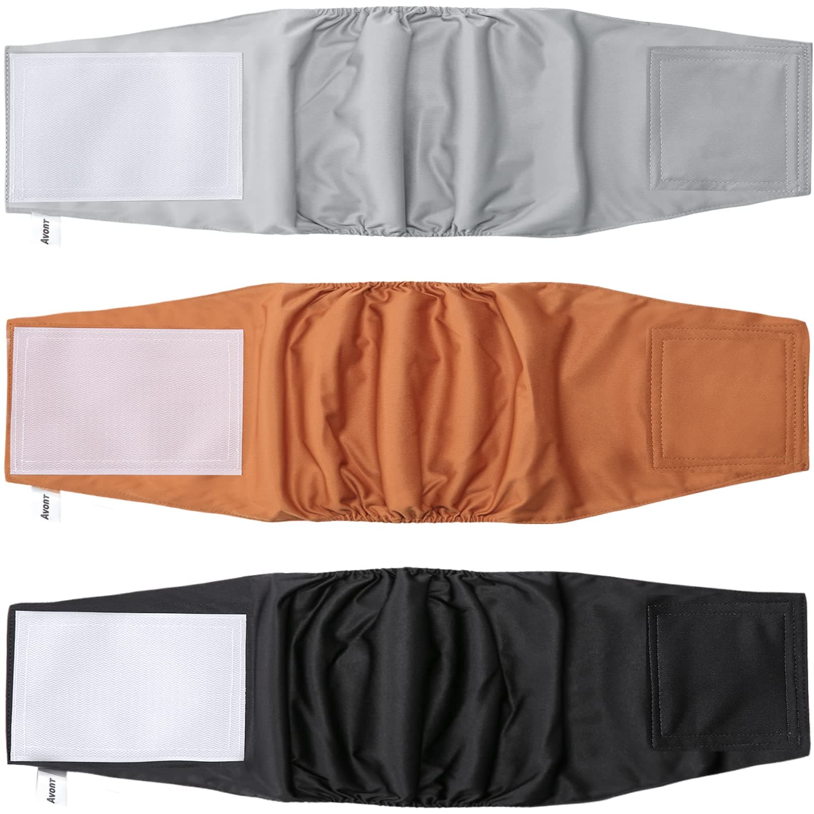 Avont 3 Pack Washable Male Dog Diapers (S 10"-12"), High Absorbent Reusable Belly Band Waist Wrap for Male Dogs -Black/Brown/Grey