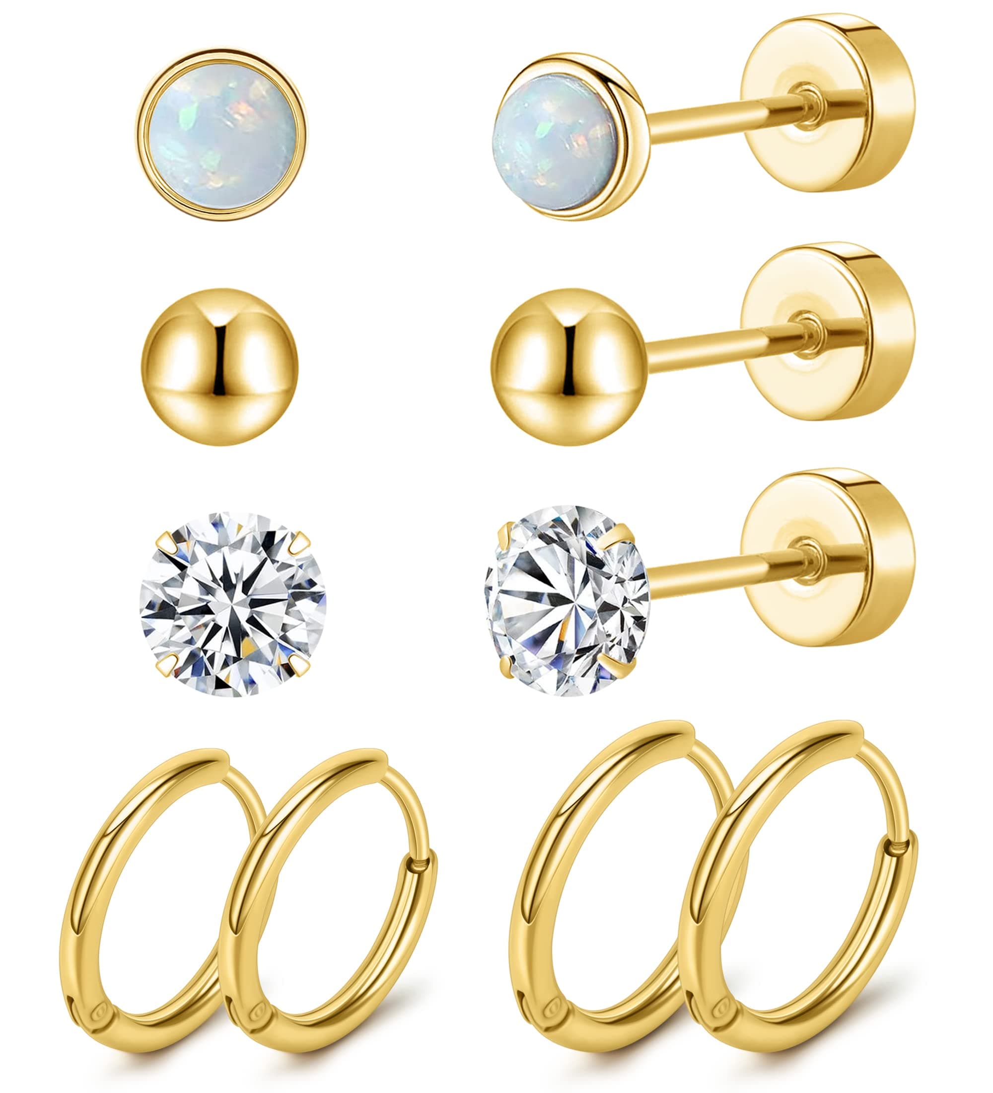 Titanium Earrings for Sensitive Ears 20G Hypoallergenic Stud Hoop Earrings for Women Men Opal Ball CZ Heart Pearl Flat Back Earrings Cartilage Earrings Set