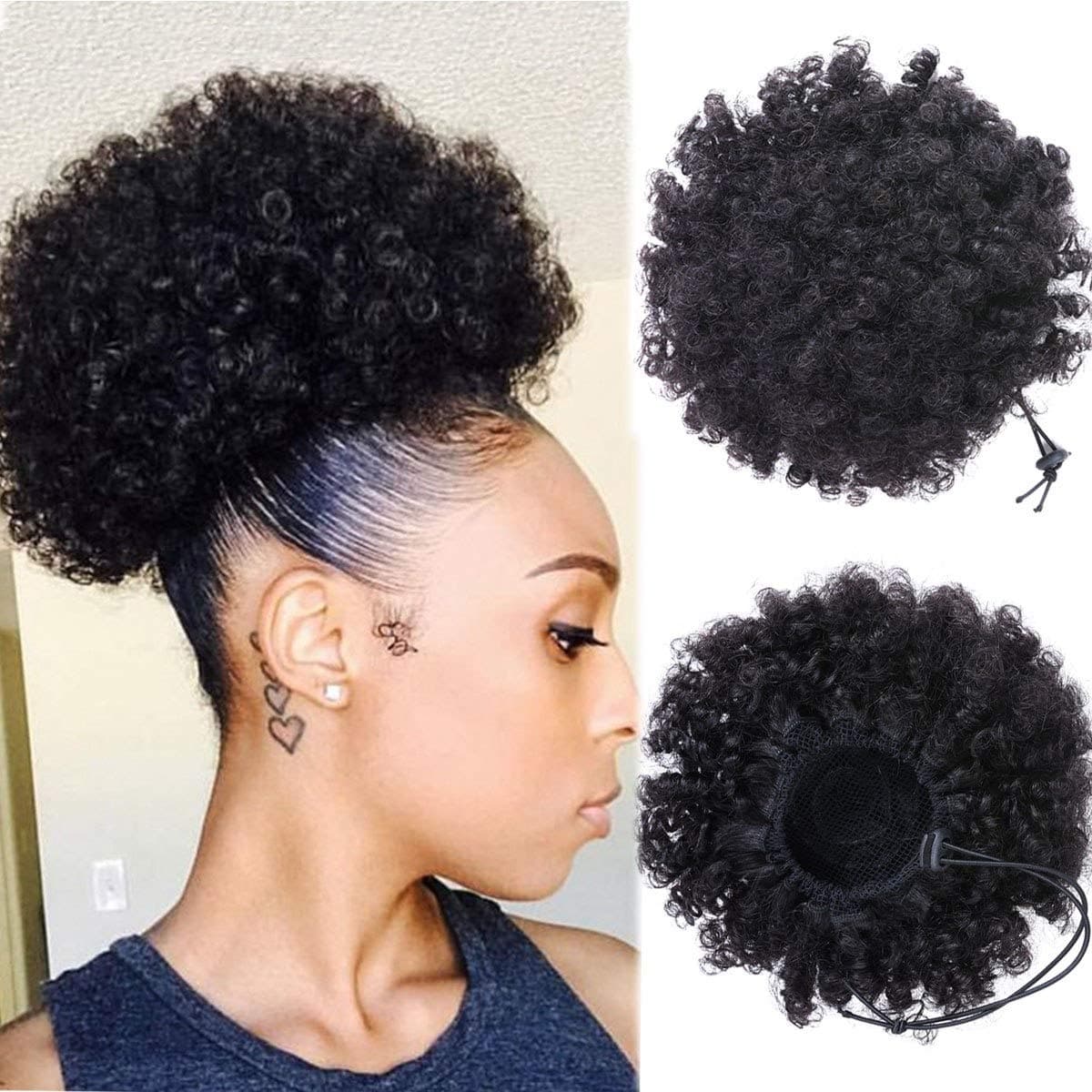 Dula a Afro Kinky Curly Puff Human Hair Ponytail Extension For Black Women Drawstring Curly African American Human Hair With Double Clips String In Hair 8 Inch
