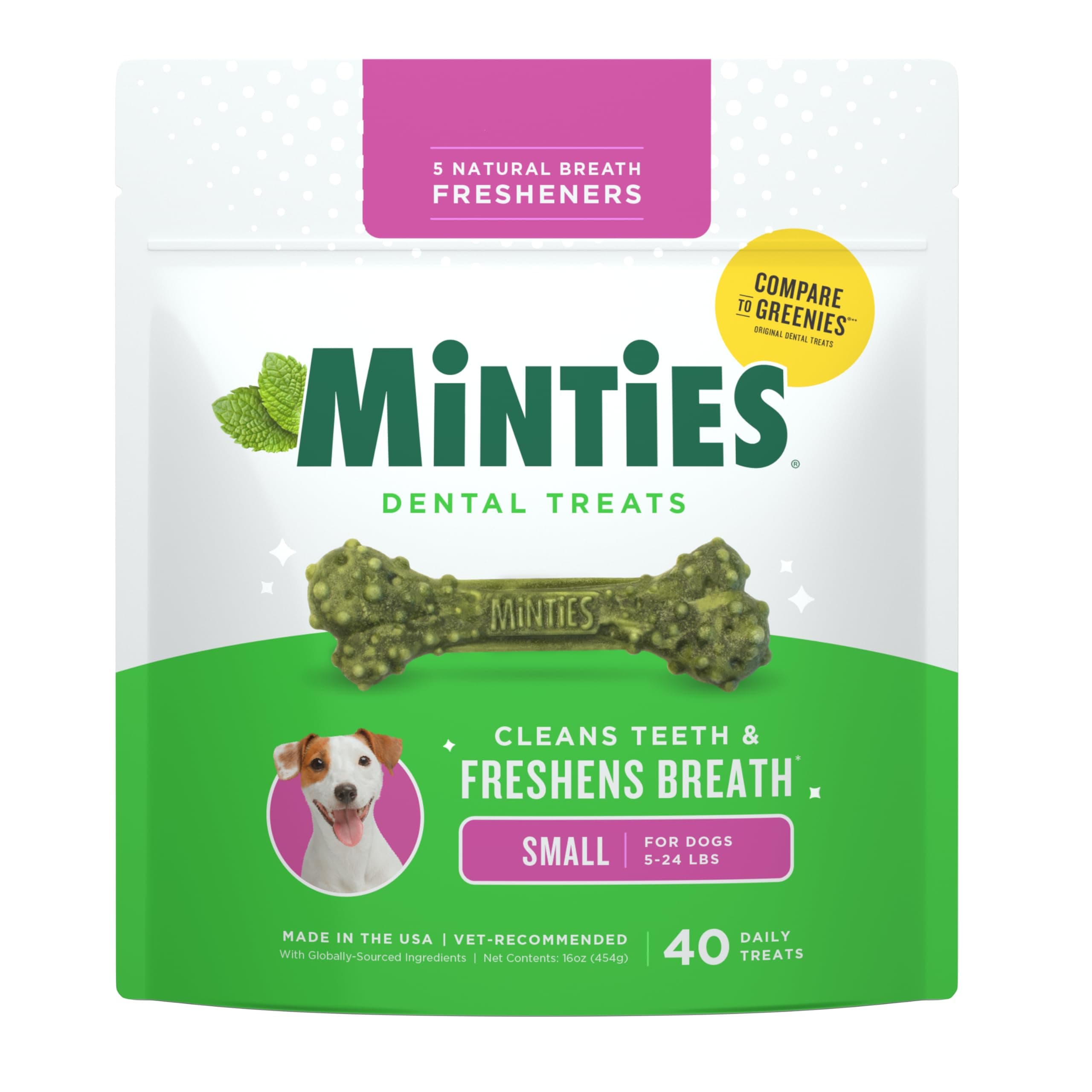 Minties Dog Dental Bone Treats, Tiny/Small Dental Dog Treats, 16 Ounces, Cleans Teeth, Fight Bad Breath, Removes Plaque and Tartar, 40 Count